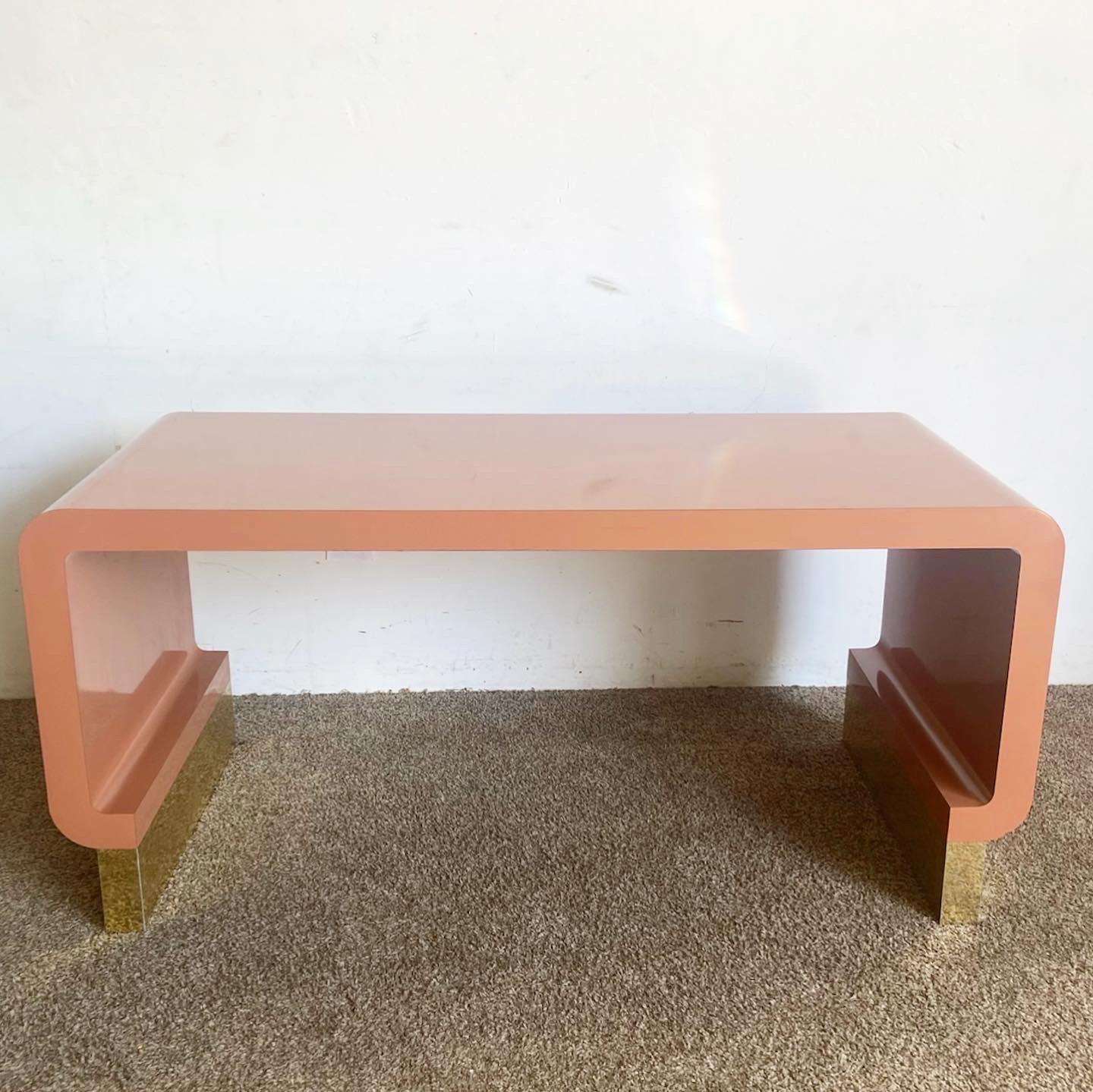 Post-Modern Postmodern Salmon Lacquer Laminate Waterfall Desk With Gold Base For Sale