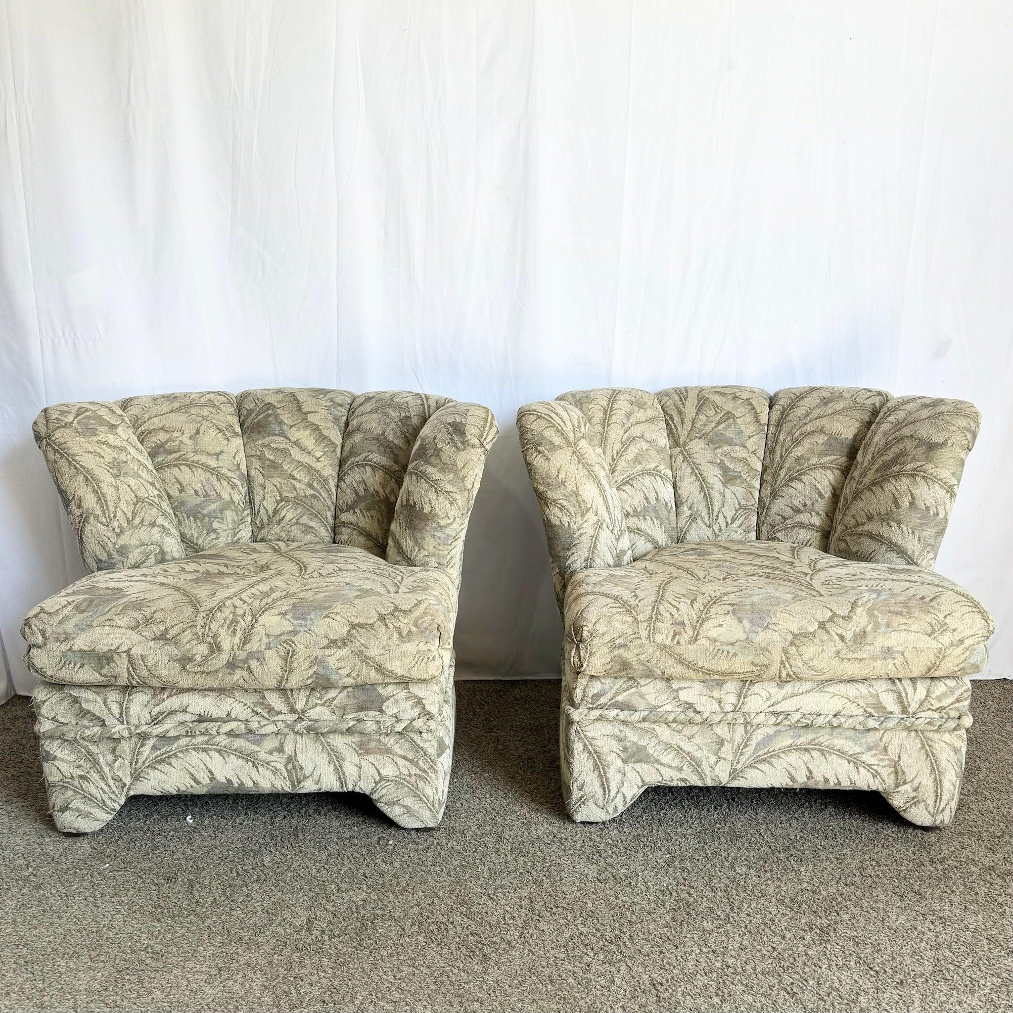 Fabric Postmodern Scalloped Banana Leaf Lounge Chairs With Ottoman - 3 Pieces For Sale