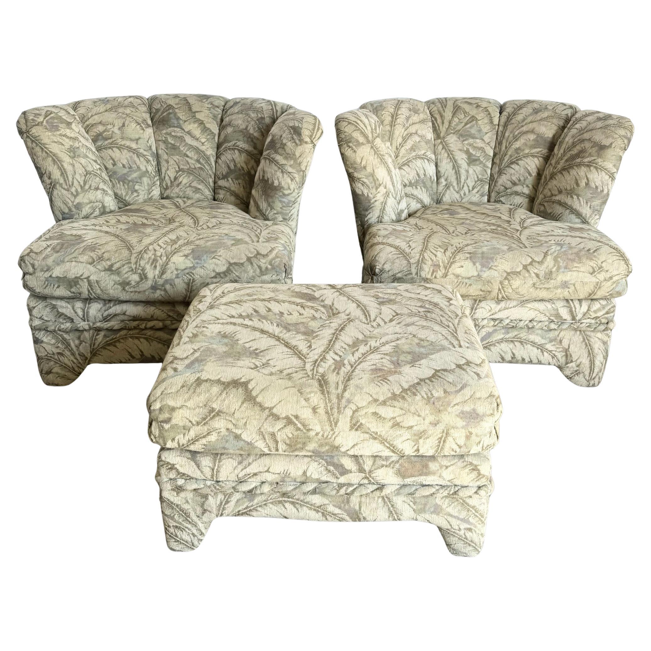 Postmodern Scalloped Banana Leaf Lounge Chairs With Ottoman - 3 Pieces For Sale