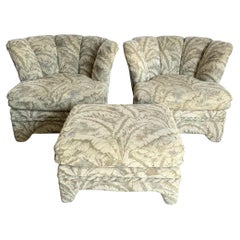 Postmodern Scalloped Banana Leaf Lounge Chairs With Ottoman - 3 Pieces