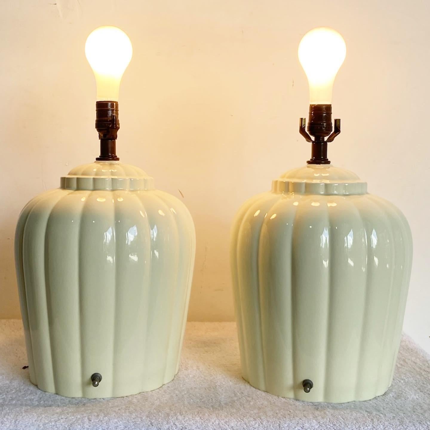 Post-Modern Postmodern Scalloped Cream Ceramic Table Lamps – a Pair For Sale