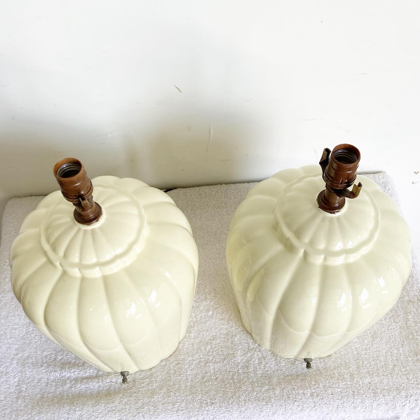 American Postmodern Scalloped Cream Ceramic Table Lamps – a Pair For Sale