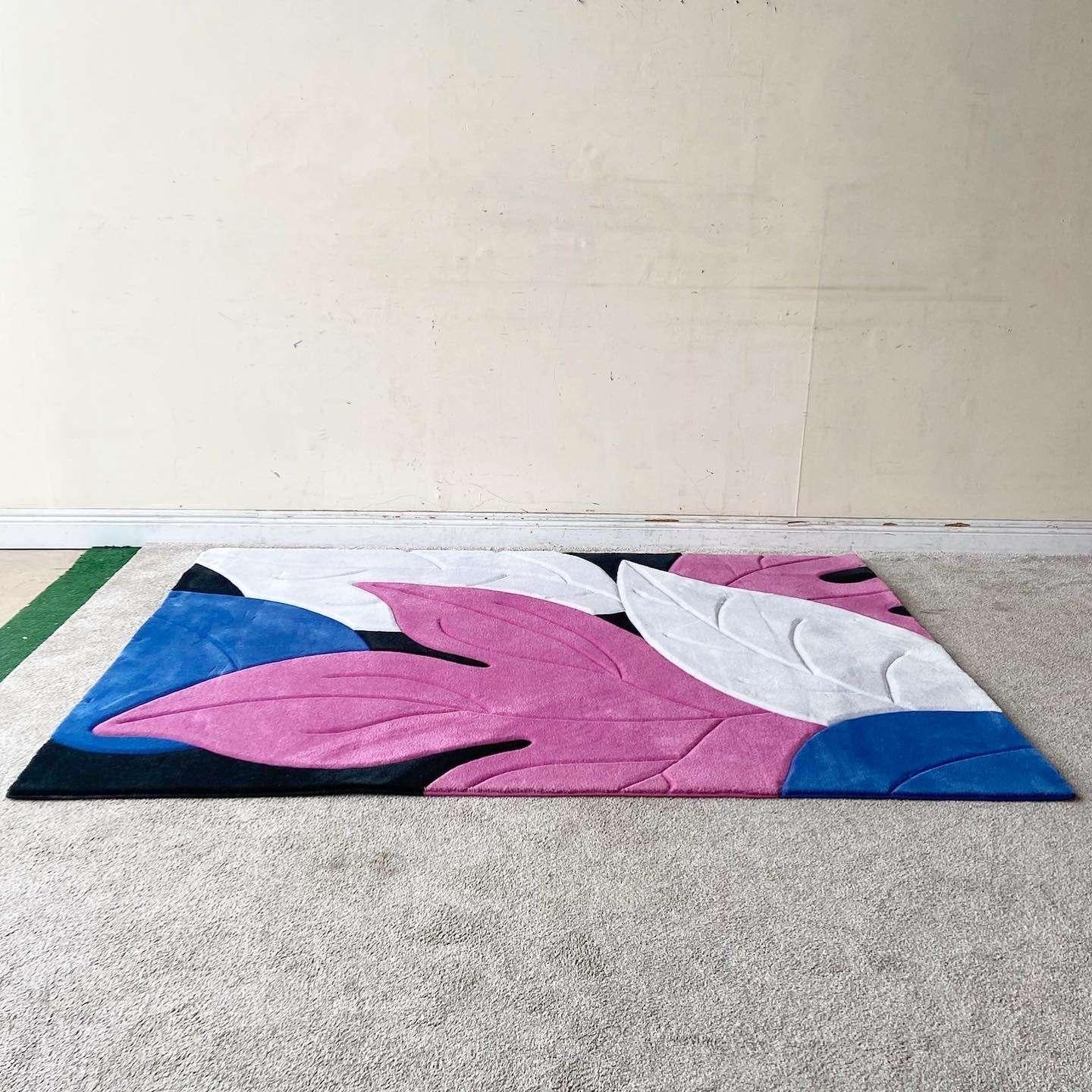 Post-Modern Postmodern Sculpted Blue White and Pink Foliage Rectangular Area Rug For Sale