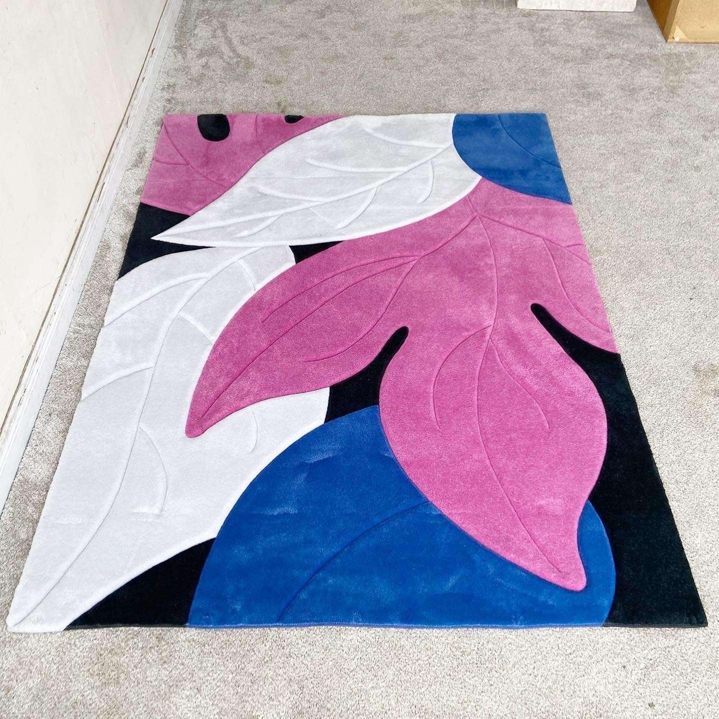 Postmodern Sculpted Blue White and Pink Foliage Rectangular Area Rug In Good Condition For Sale In Delray Beach, FL