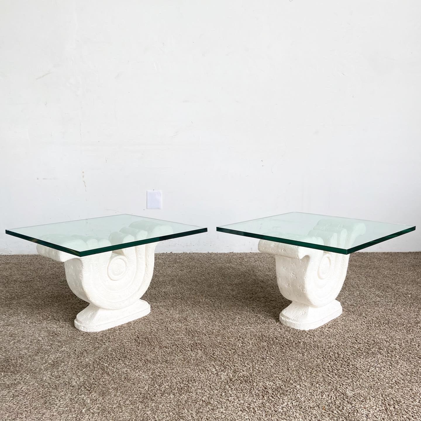 Add a touch of artistic flair with our Postmodern Sculpted Plaster Glass Top Side Tables, featuring a unique sculpted base and transparent glass tops.

Unique sculpted plaster base captures the essence of postmodern design.
Transparent glass tops