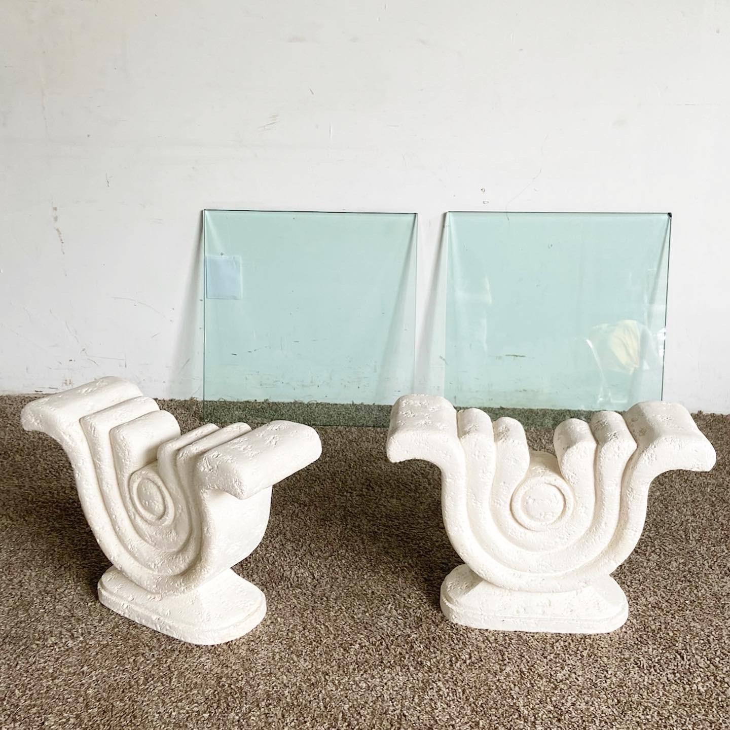 Post-Modern Postmodern Sculpted Plaster Glass Top Side Tables - a Pair For Sale