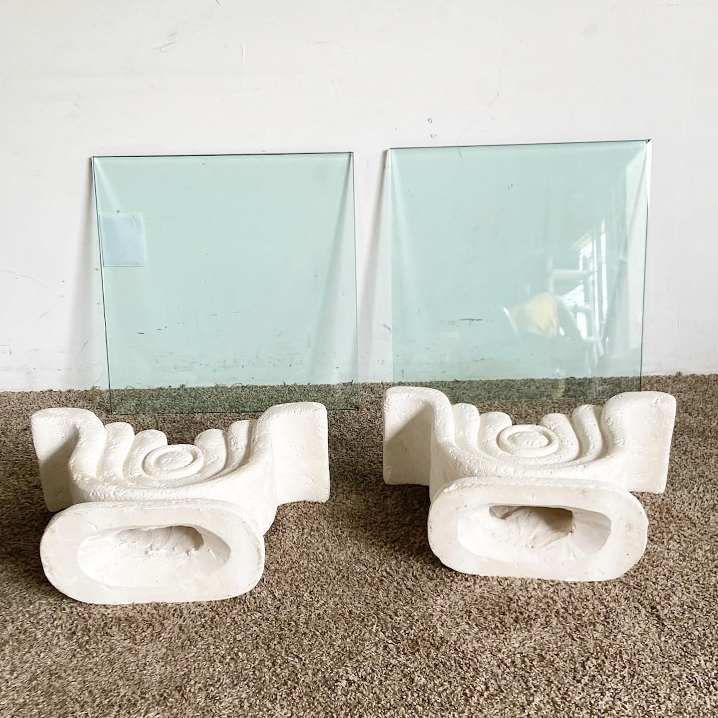American Postmodern Sculpted Plaster Glass Top Side Tables - a Pair For Sale