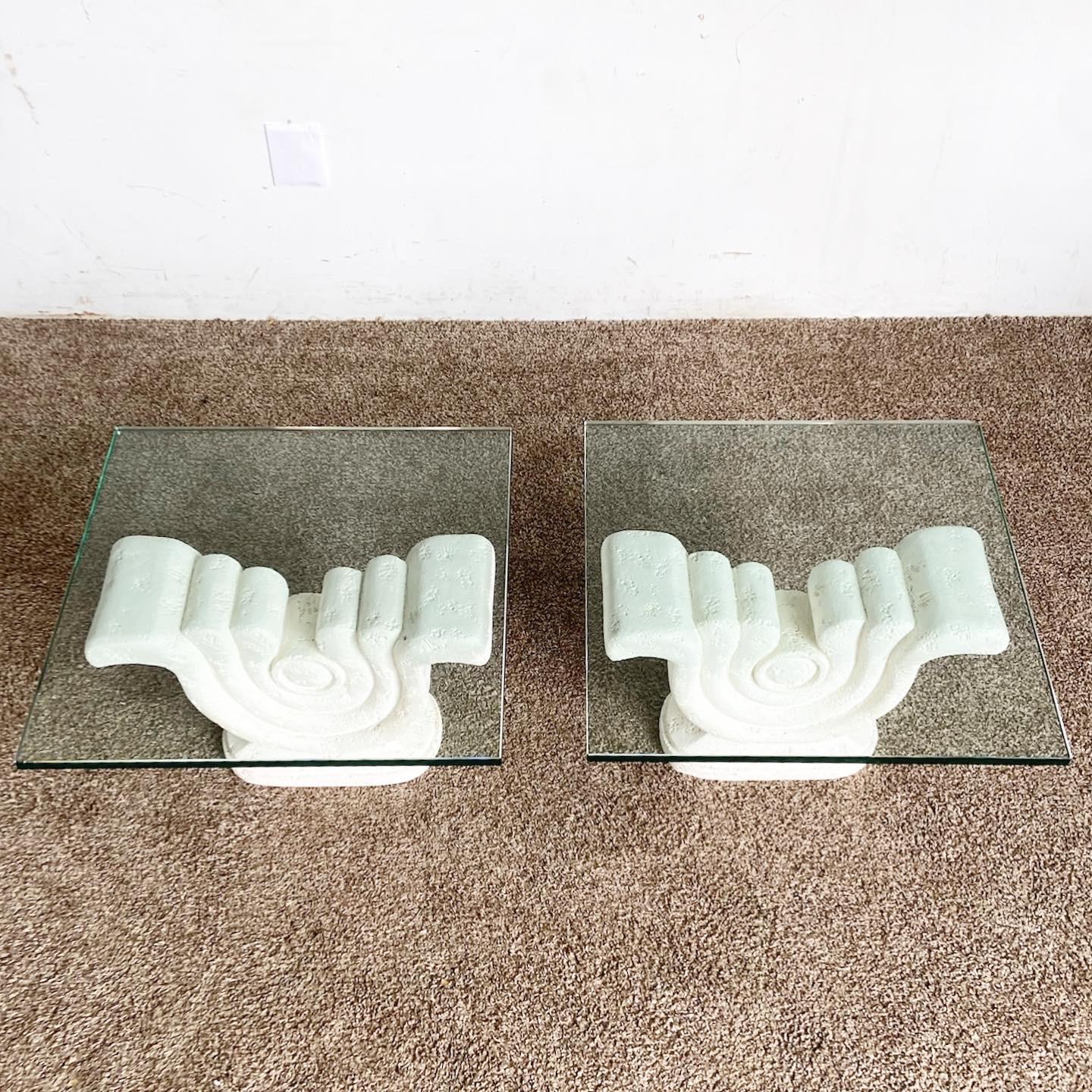 Postmodern Sculpted Plaster Glass Top Side Tables - a Pair In Good Condition For Sale In Delray Beach, FL