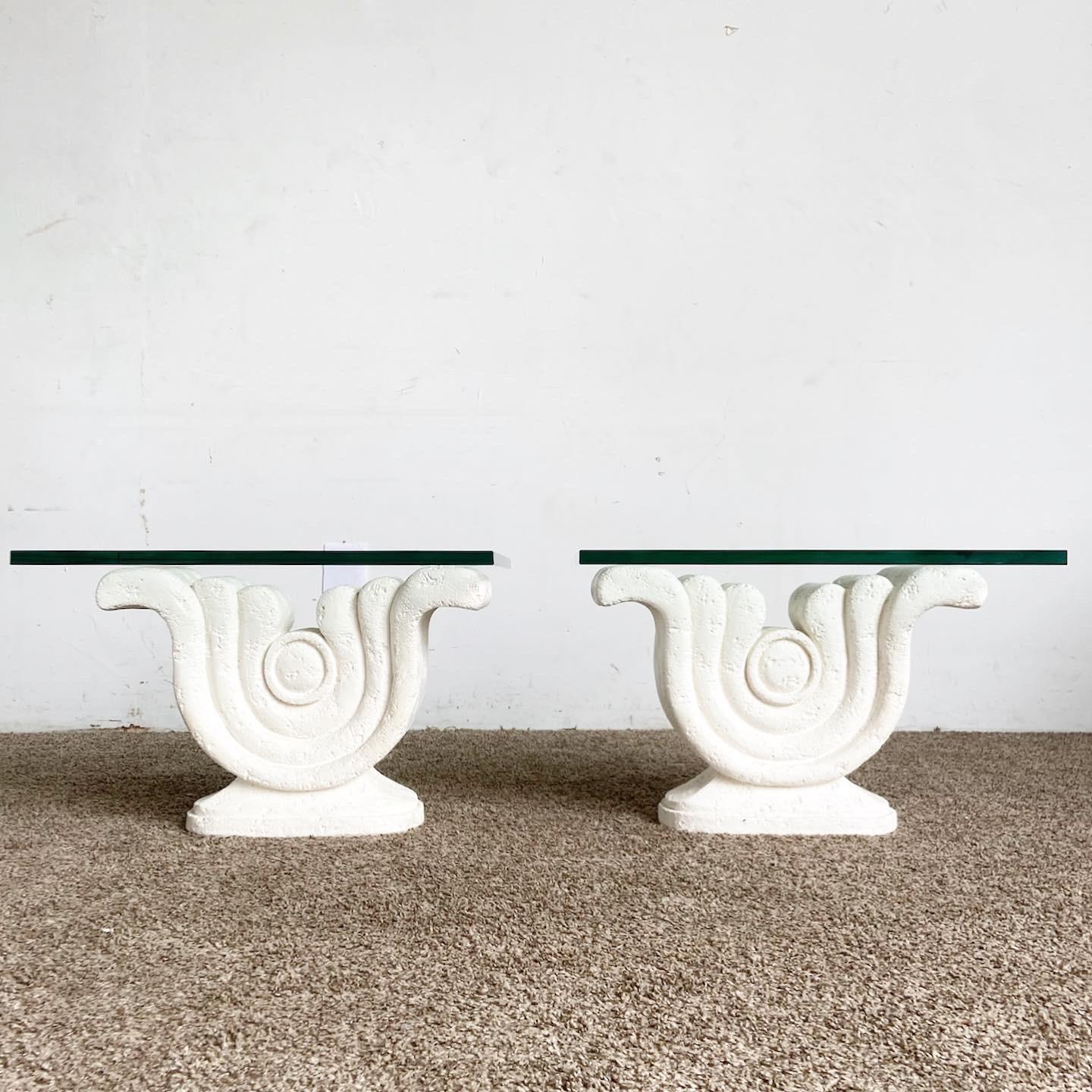 Late 20th Century Postmodern Sculpted Plaster Glass Top Side Tables - a Pair For Sale