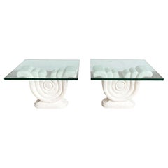 Postmodern Sculpted Plaster Glass Top Side Tables - a Pair