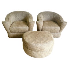 Postmodern Sculpted Tan Fabric Arm Chairs With Ottoman on Casters - 3 Pieces