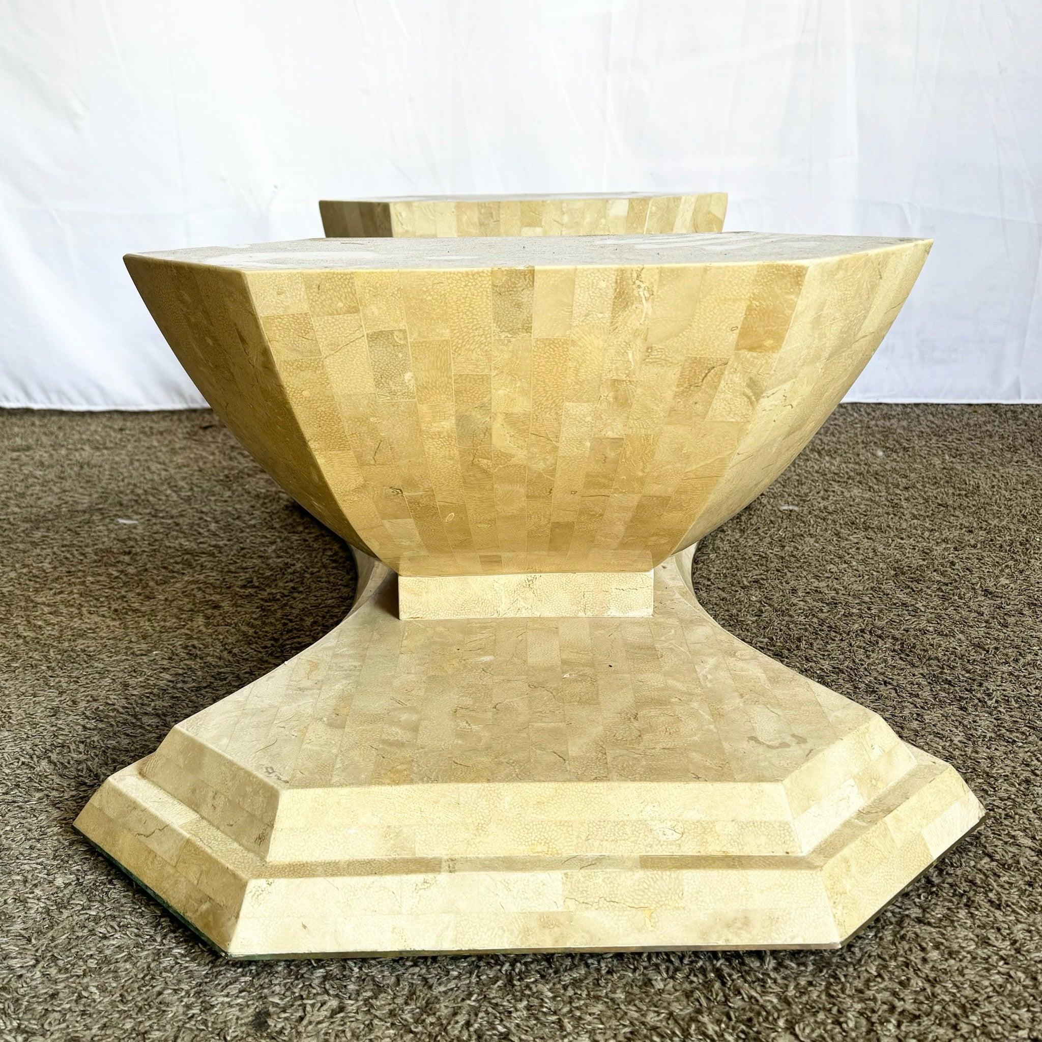 Postmodern Tessellated Stone Coffee Table Base with sculptural curves and stone tile detailing, perfect for supporting a glass top in modern spaces.
 
 We sell items as acquired, without restoring or repairing. Vintage pieces may have age-related