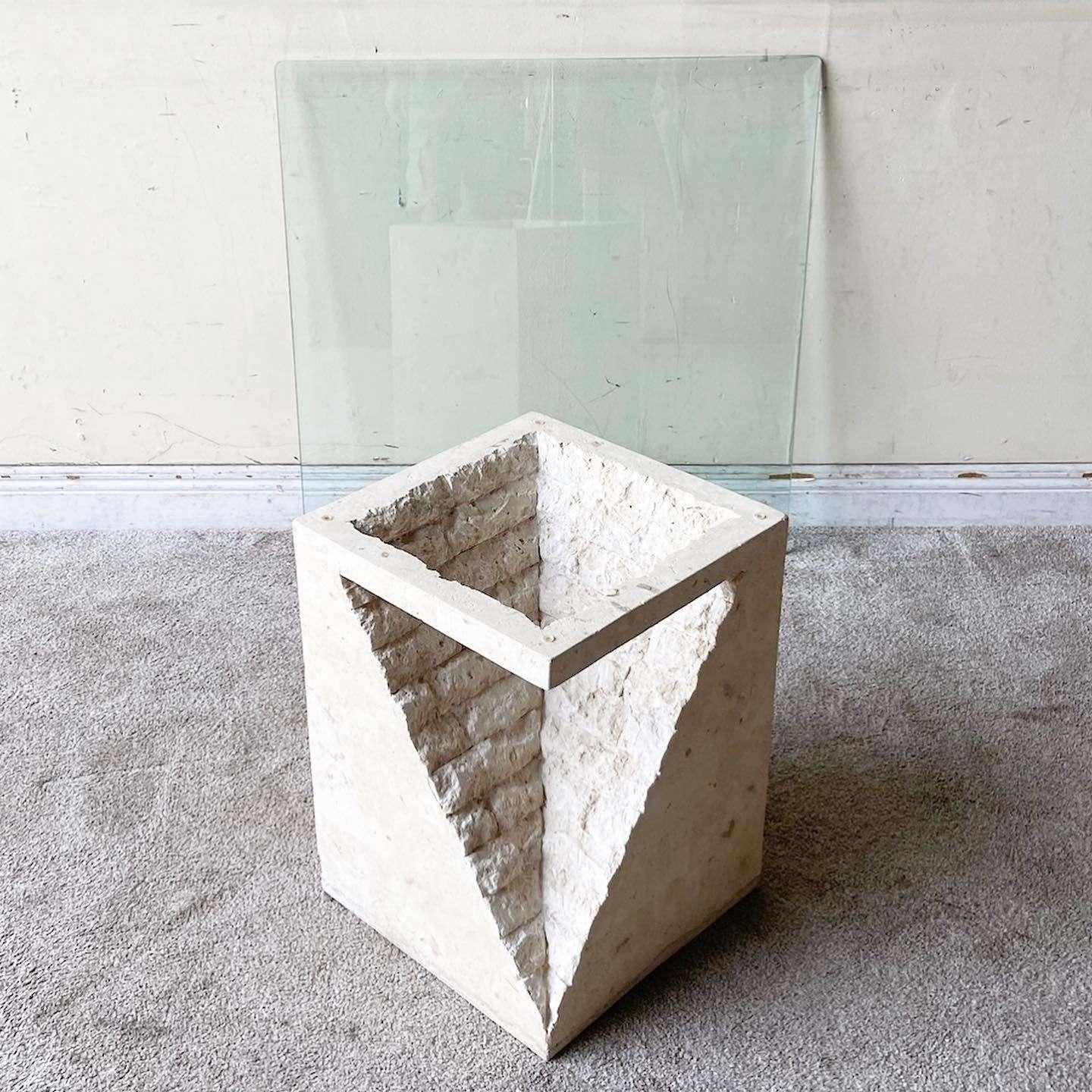 Excellent vintage postmodern sculpted tessellating mactan stone side table. Features polished sides with a raw interior and a square beveled glass top.
