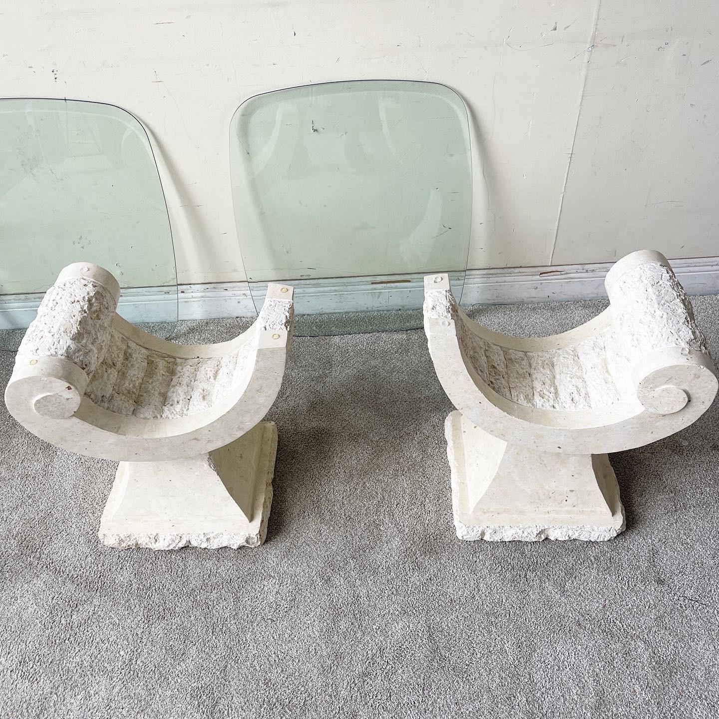 Late 20th Century Postmodern Sculpted Tessellated Stone Side Tables, a Pair