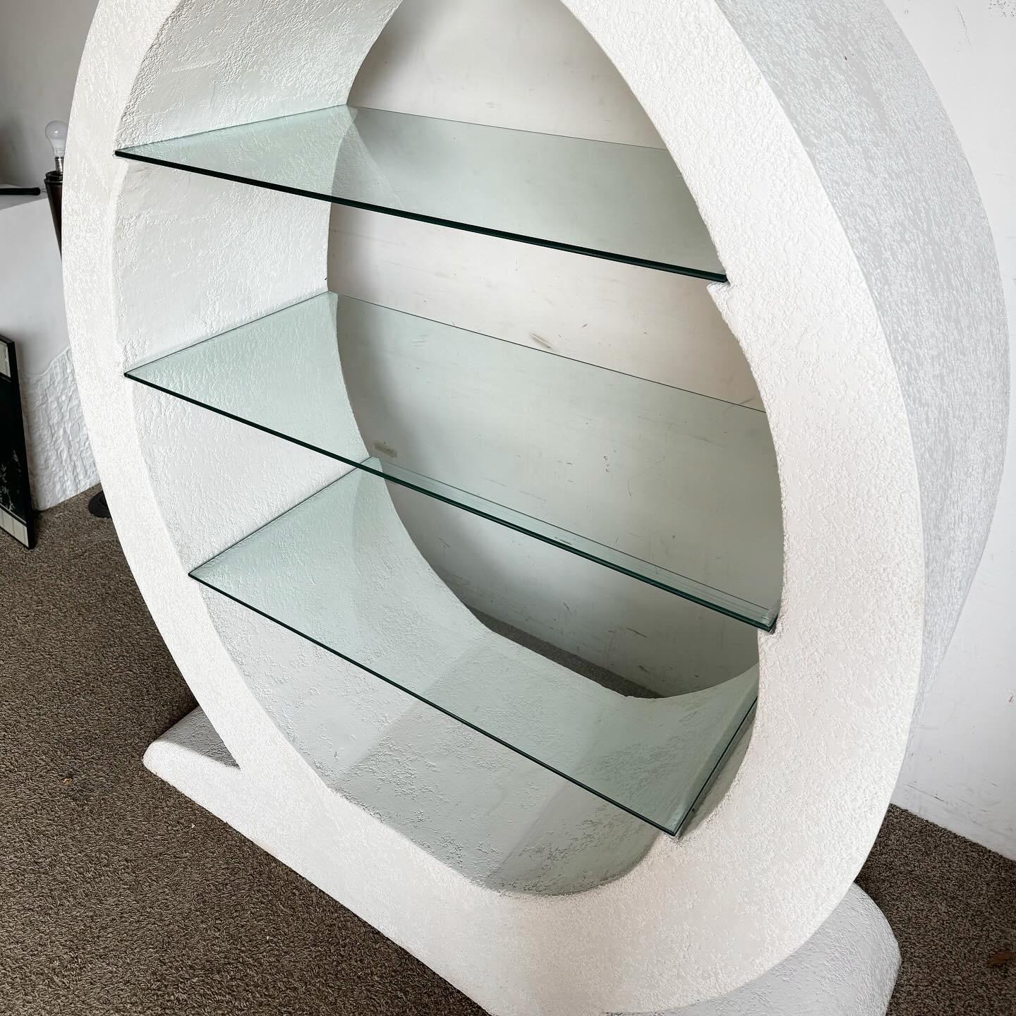 Post-Modern Postmodern Sculpted White Stucco Etagere/Bookshelf - 3 Glass Shelves For Sale