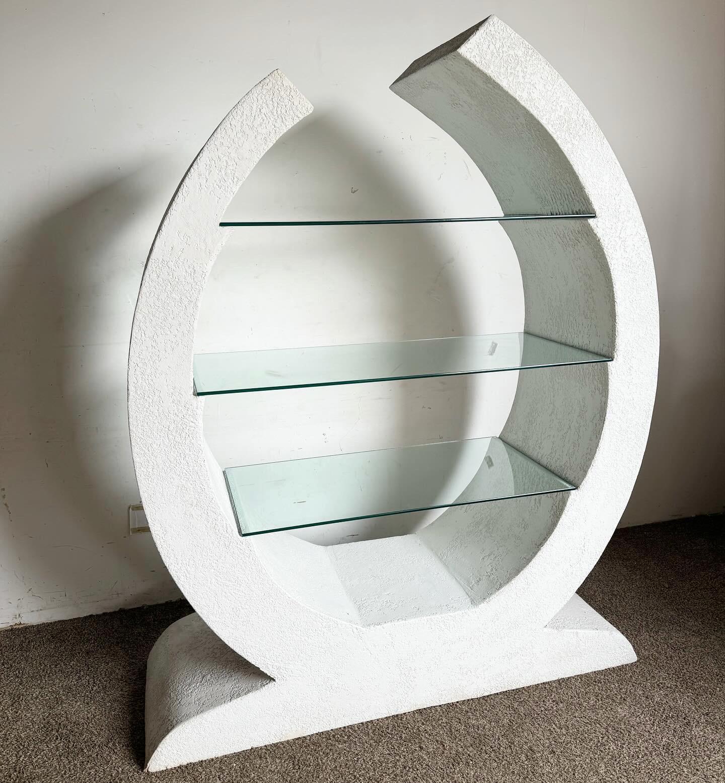 American Postmodern Sculpted White Stucco Etagere/Bookshelf - 3 Glass Shelves For Sale