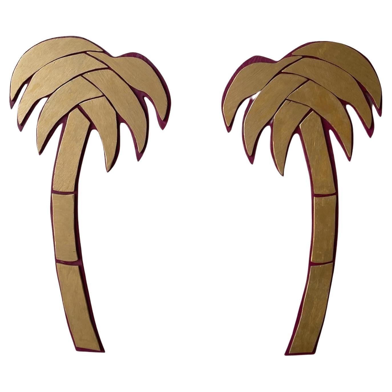 Paire d'accessoires muraux postmodernes en bois sculpté en forme de palmier