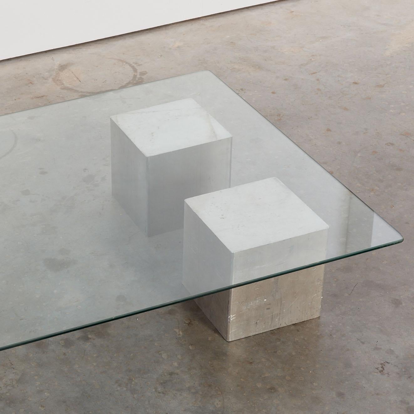 Postmodern sculptural cast aluminium cube and glass coffee table 4