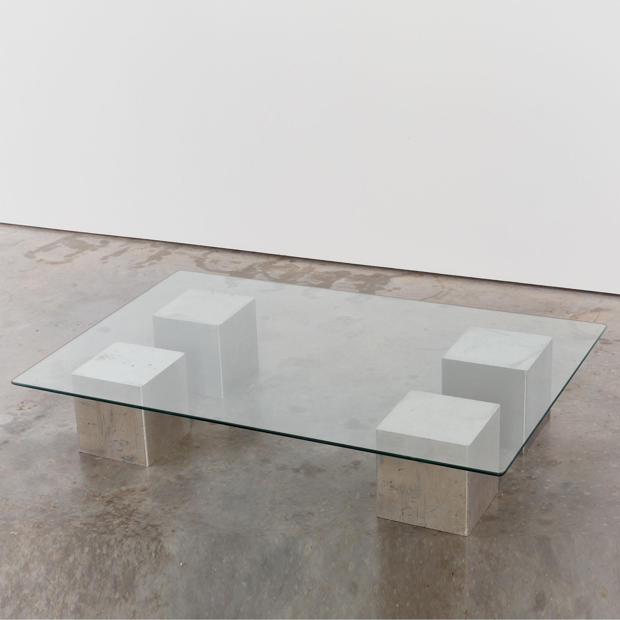 French Postmodern sculptural cast aluminium cube and glass coffee table