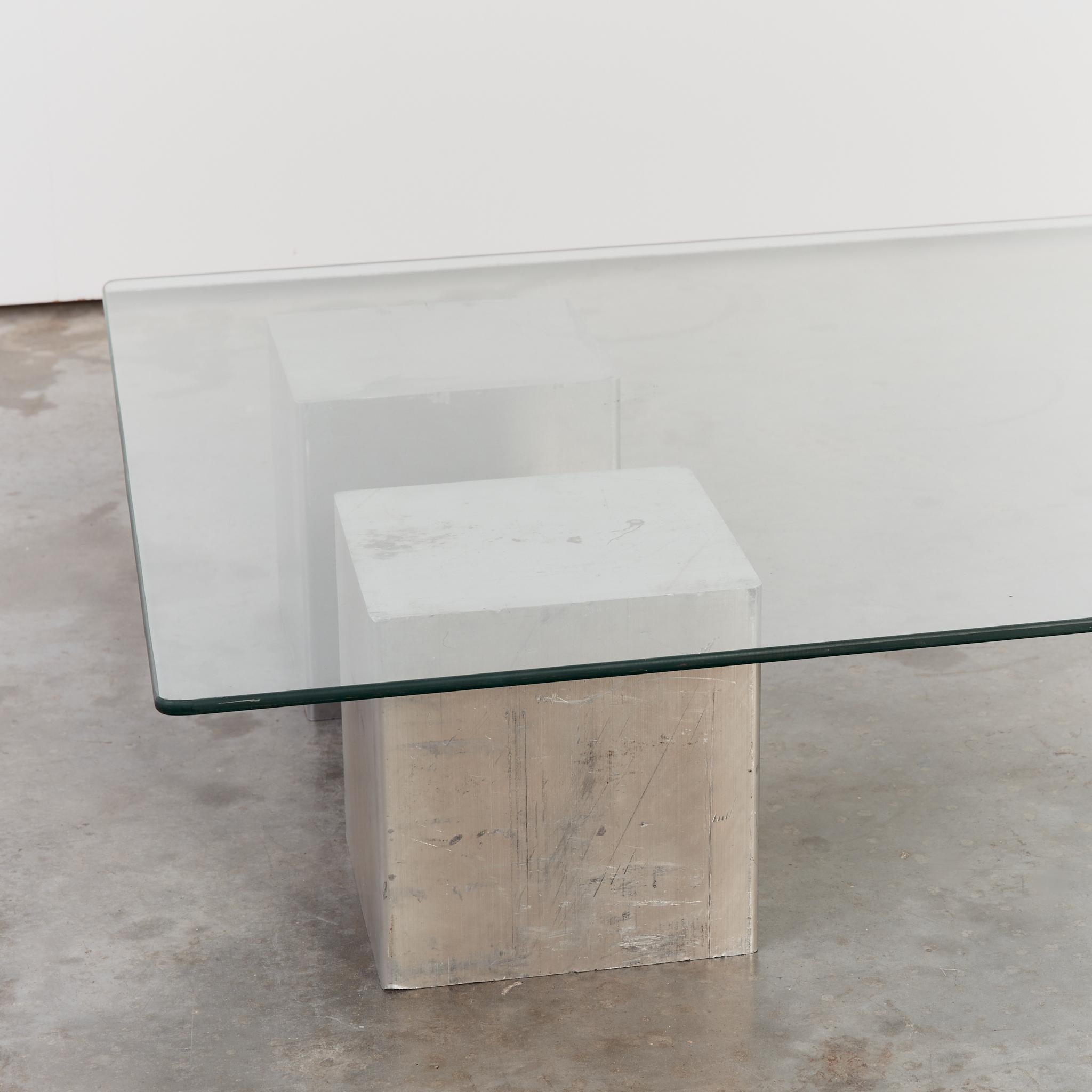 Aluminum Postmodern sculptural cast aluminium cube and glass coffee table