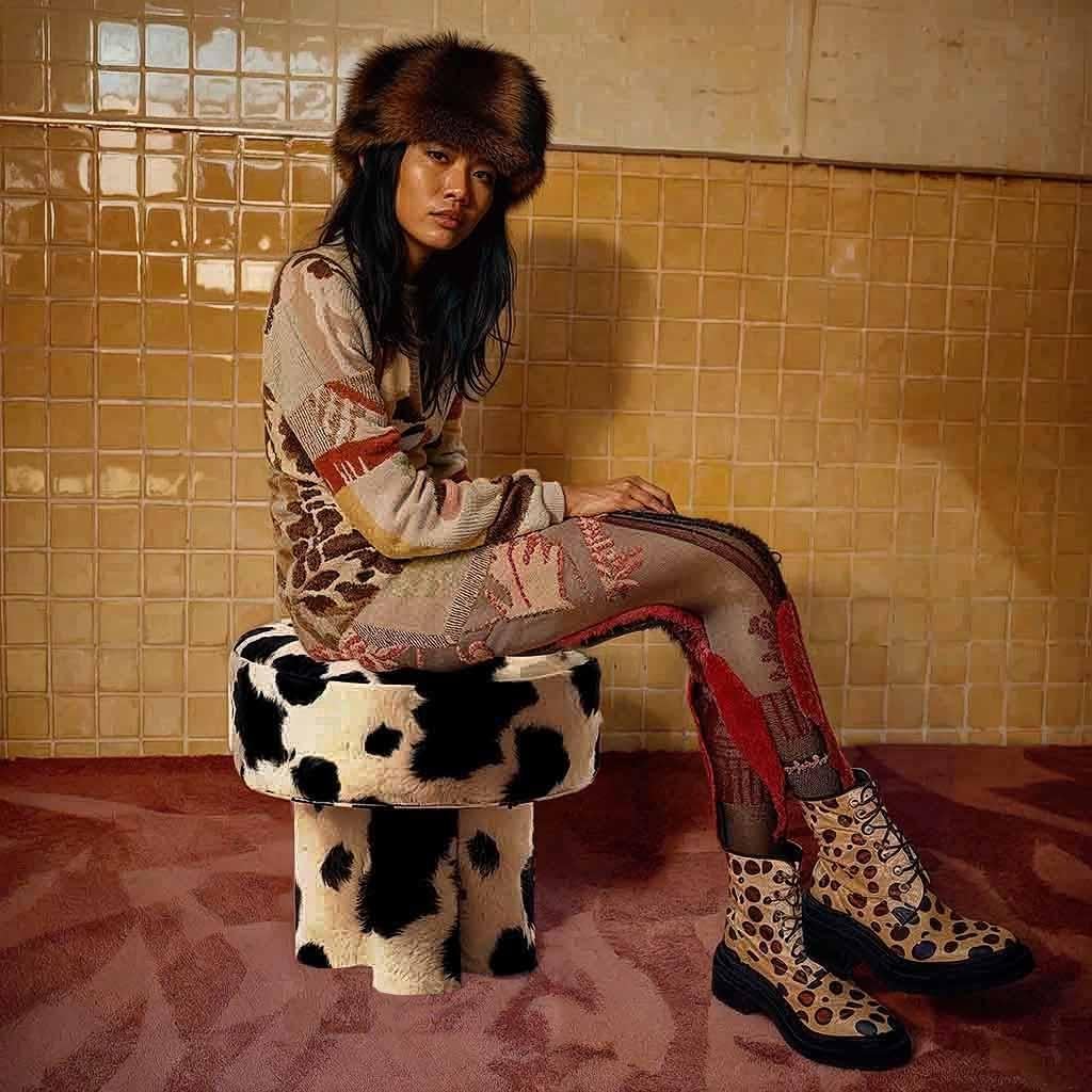Espagnol Tabouret sculptural postmoderne en velours à poils de vache Ritmo en vente