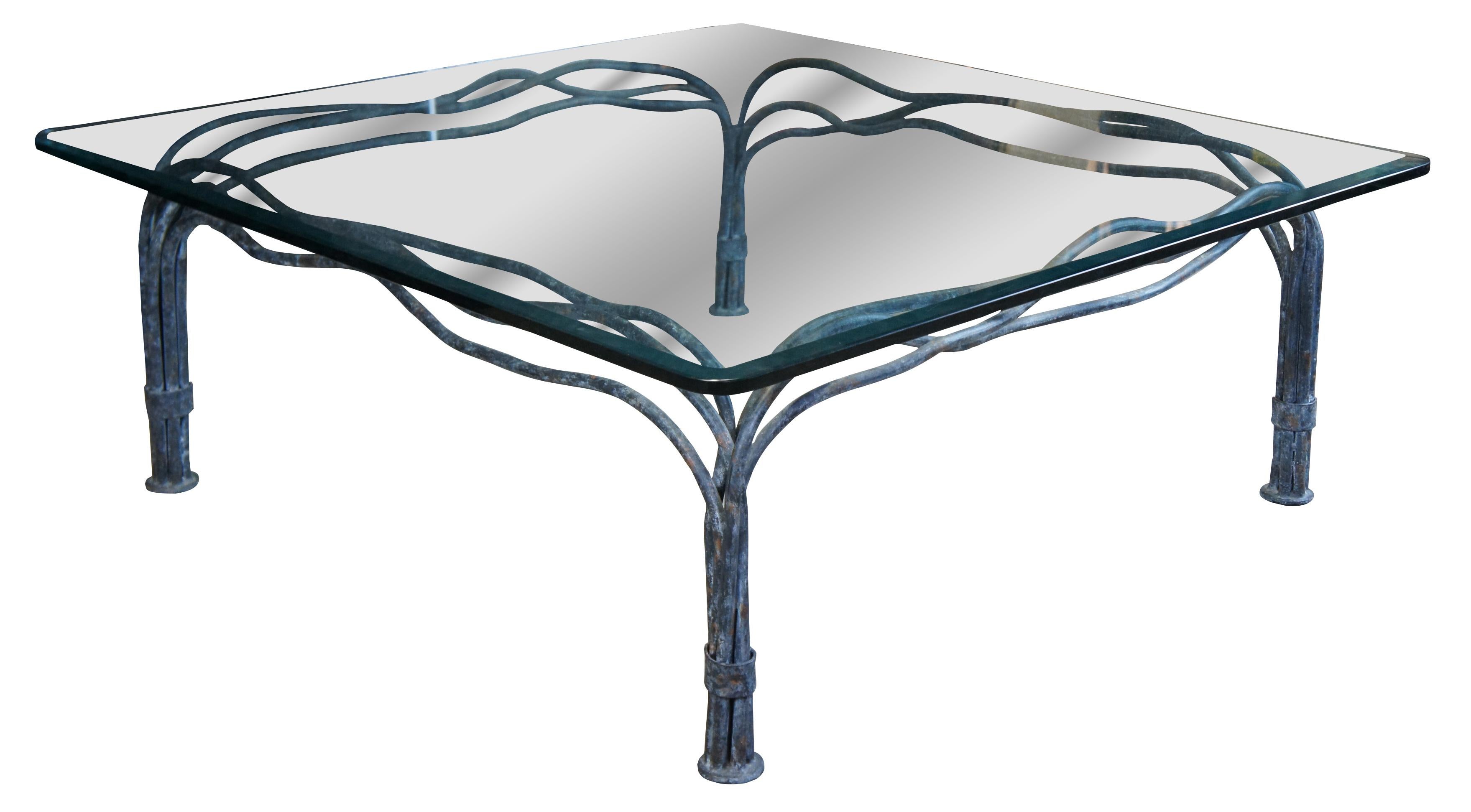Post-Modern Postmodern Sculptural Freeform Verdigris Square Wrought Iron Glass Coffee Table
