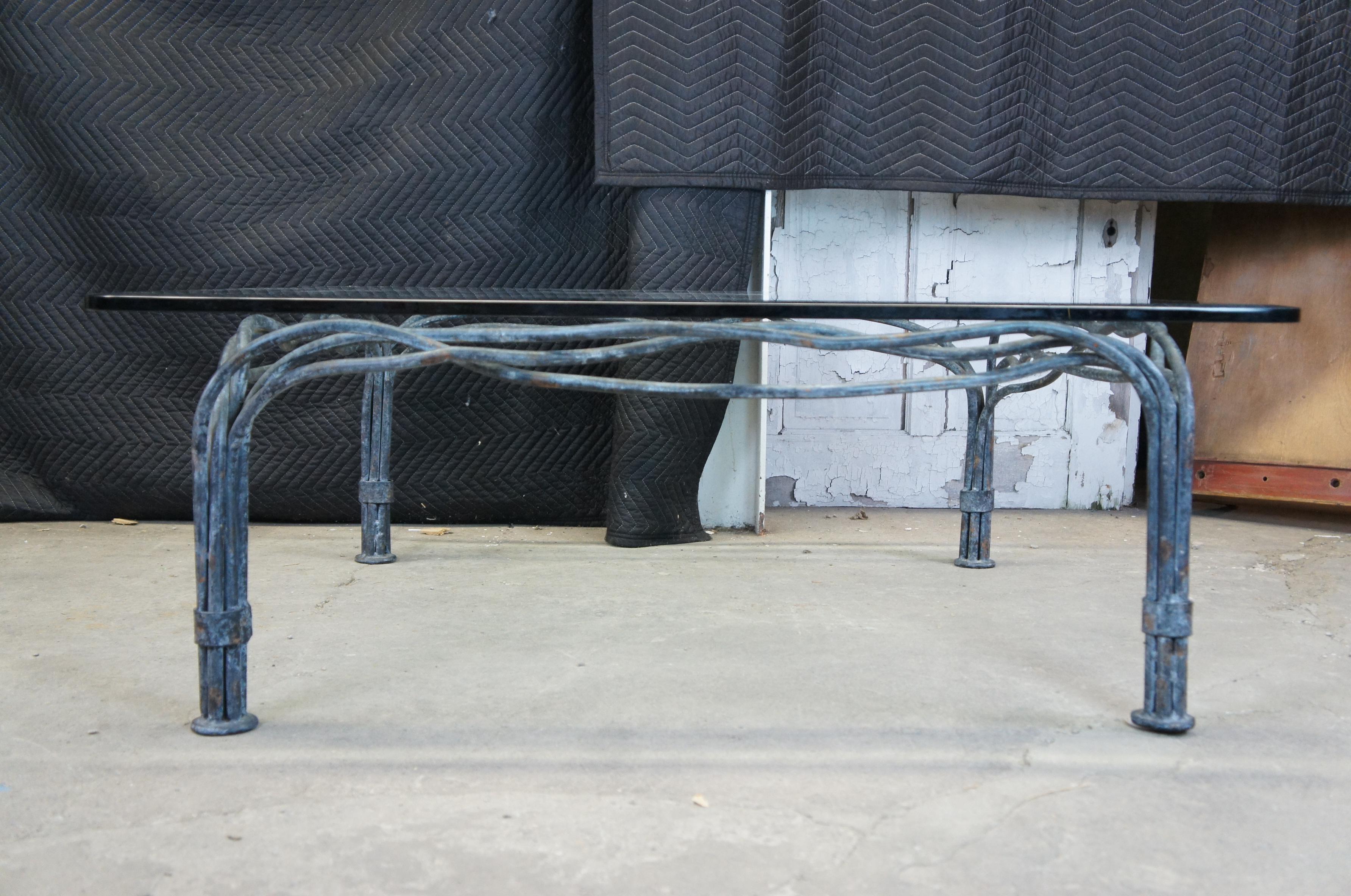 Postmodern Sculptural Freeform Verdigris Square Wrought Iron Glass Coffee Table In Good Condition In Dayton, OH
