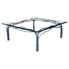 Postmodern Sculptural Freeform Verdigris Square Wrought Iron Glass Coffee Table
