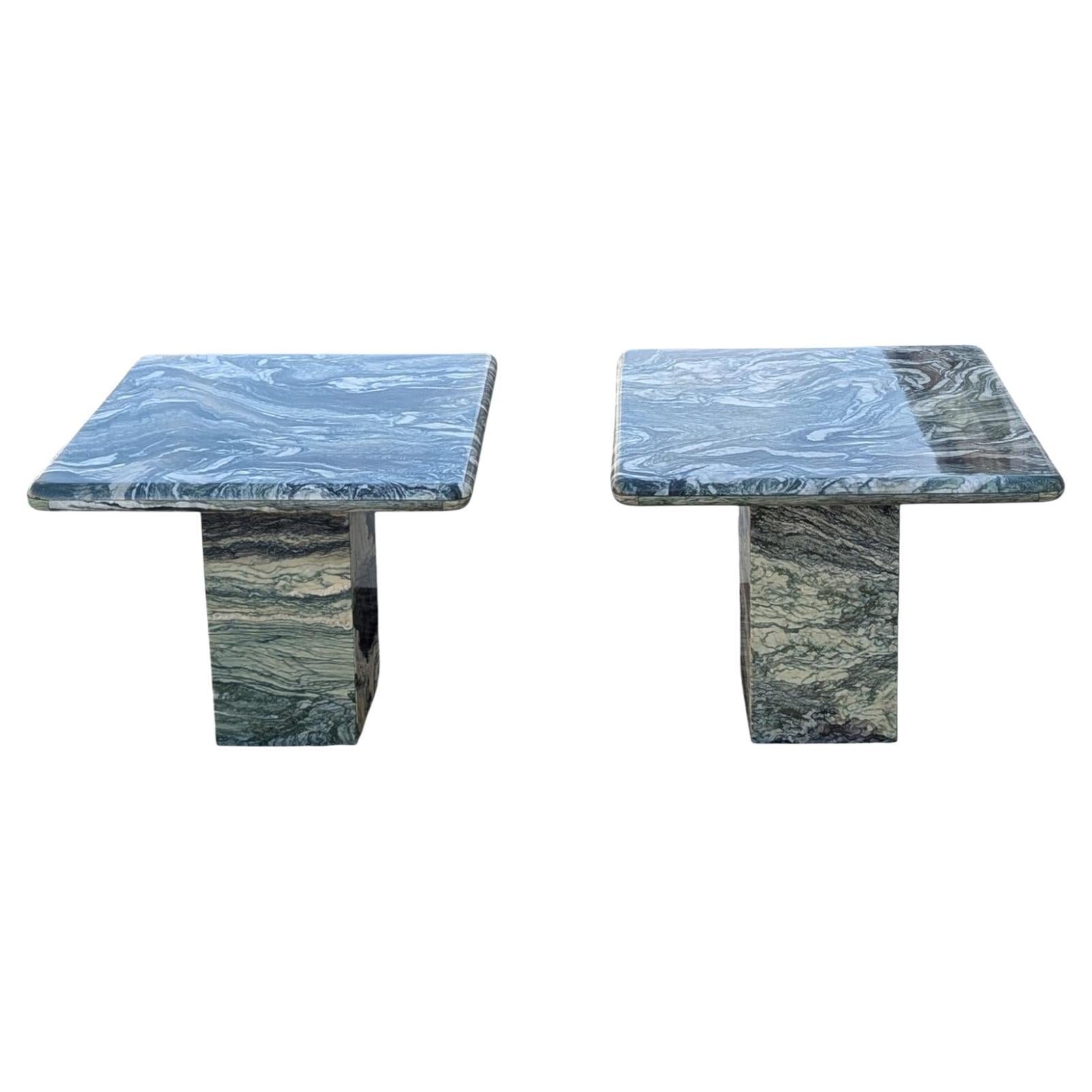 Pair of 1980s Postmodern Green Figured Marble Side Tables For Sale