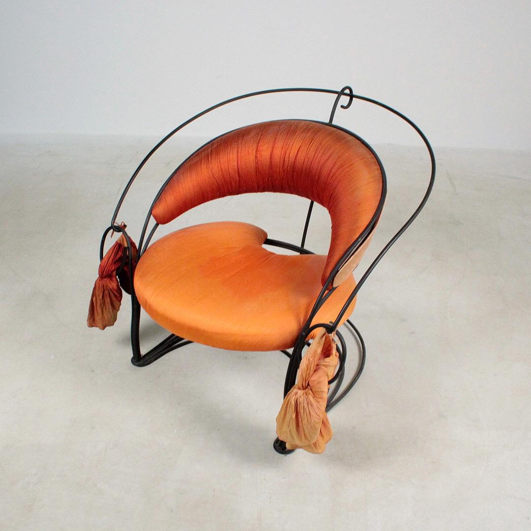 Post-Modern Postmodern Sculptural Italian Chair in black natal and orange silk, Italy 1980 For Sale