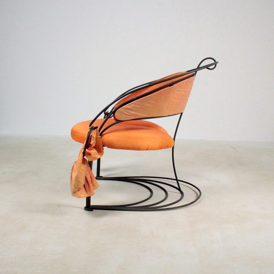 20th Century Postmodern Sculptural Italian Chair in black natal and orange silk, Italy 1980 For Sale