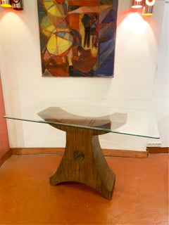 Console sculpturale postmoderne en roseau et verre avec incrustation de bois, années 1970