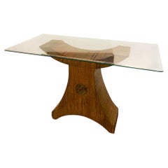 Console sculpturale postmoderne en roseau et verre avec incrustation de bois, années 1970