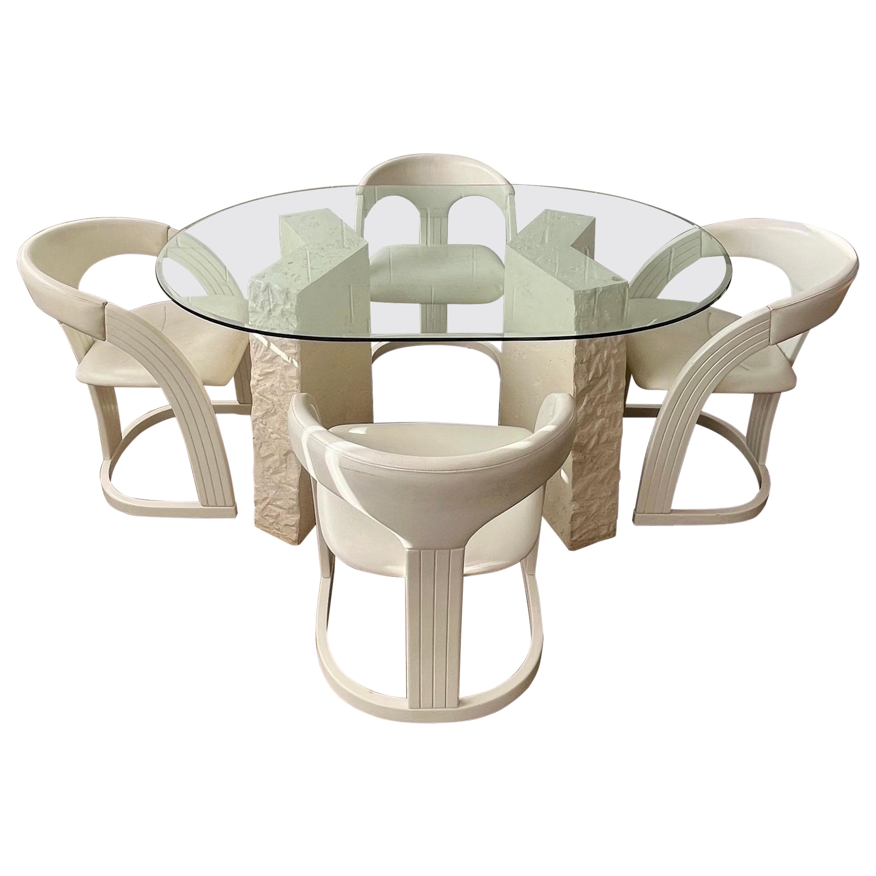 Postmodern Sculptural Plaster and Glass Dining Table and 4 Lacquer Chairs Italy For Sale