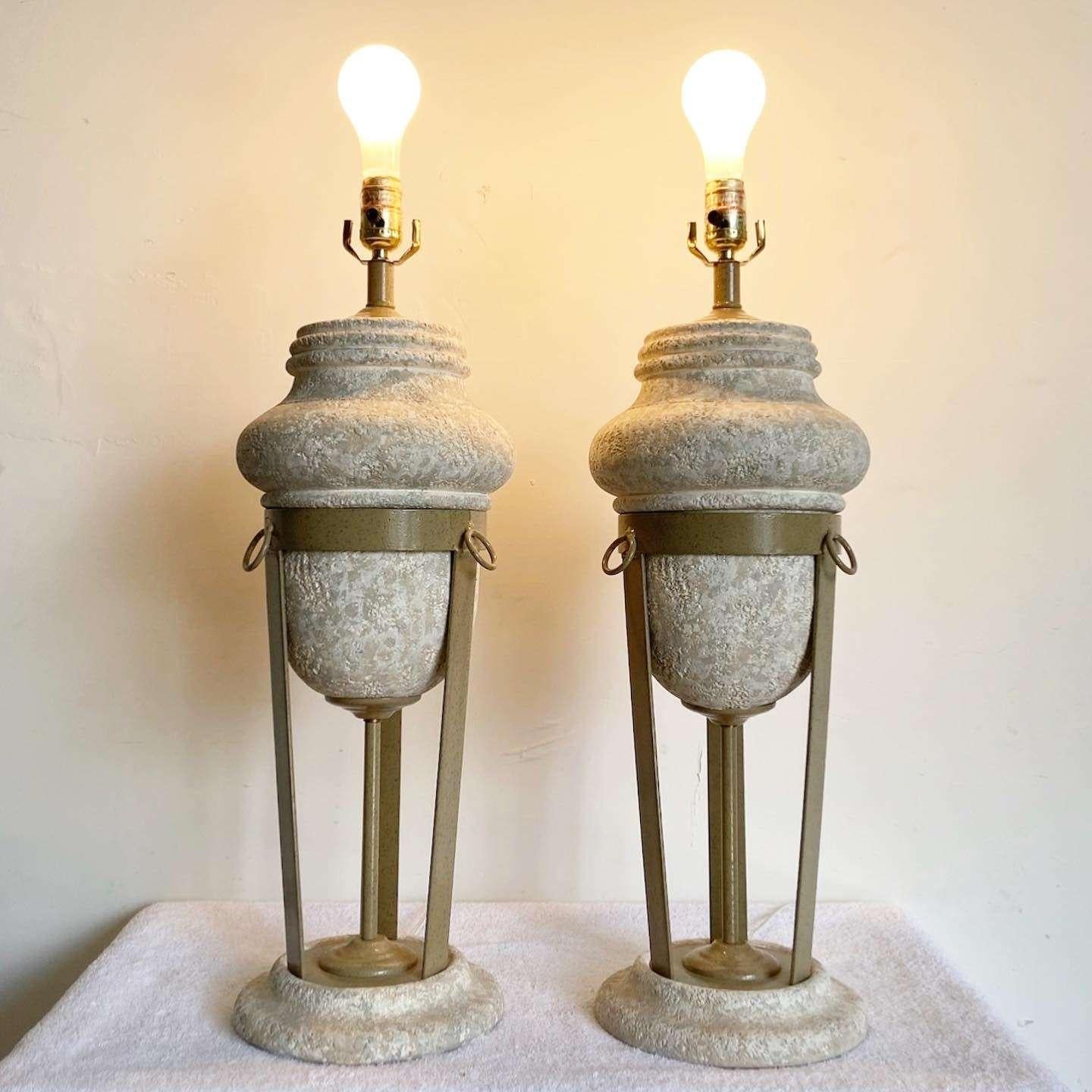 American Postmodern Sculptural Plaster and Metal Table Lamps - a Pair For Sale