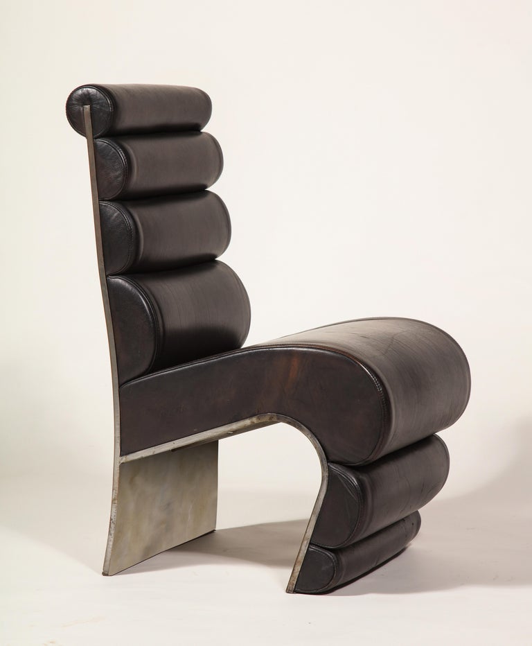 Postmodern Sculptural Steel and Leather French Pair of Chairs, 1980s