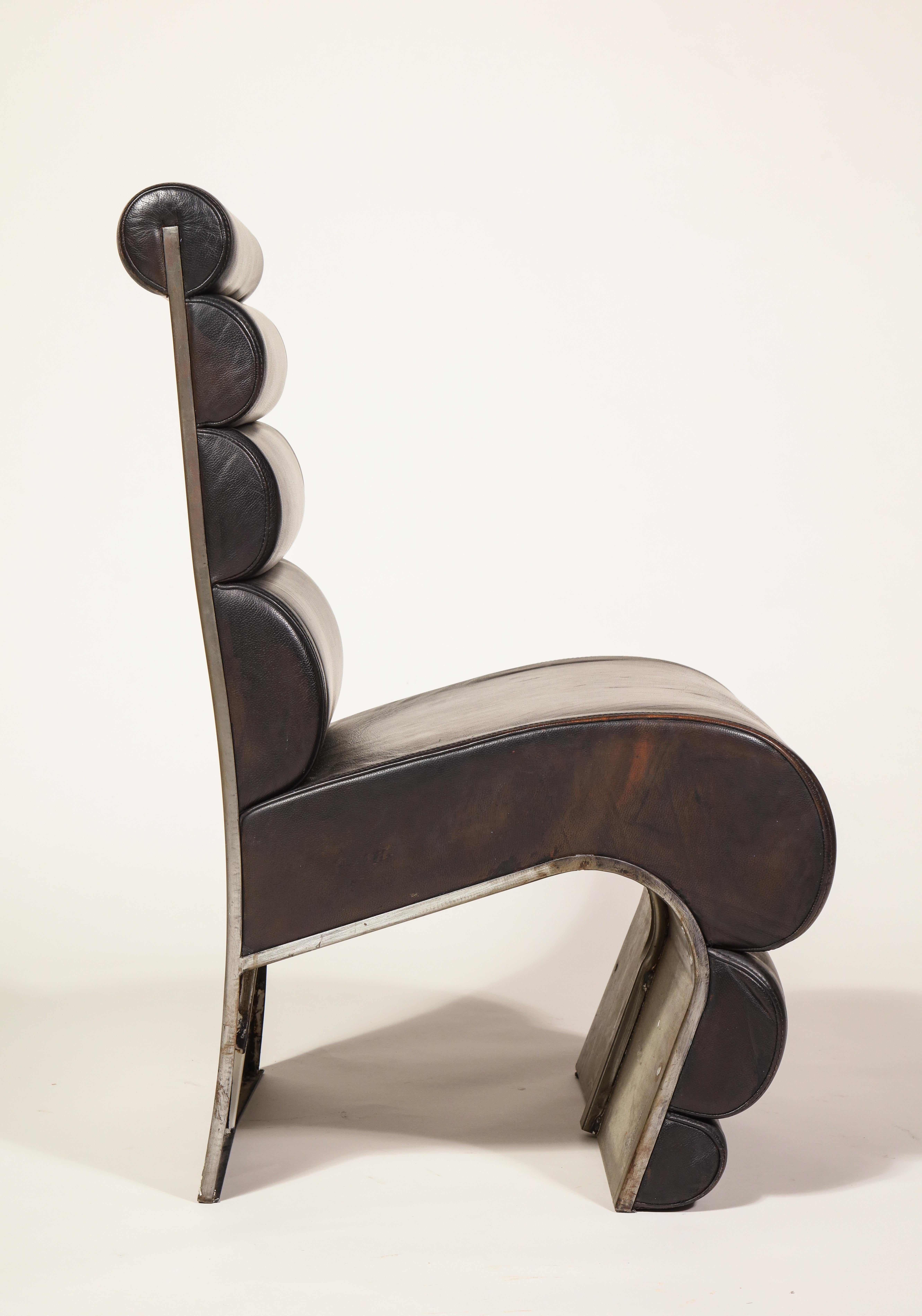 Post-Modern Postmodern Sculptural Steel Brown Leather French Pair of Chairs, 1980s, France For Sale