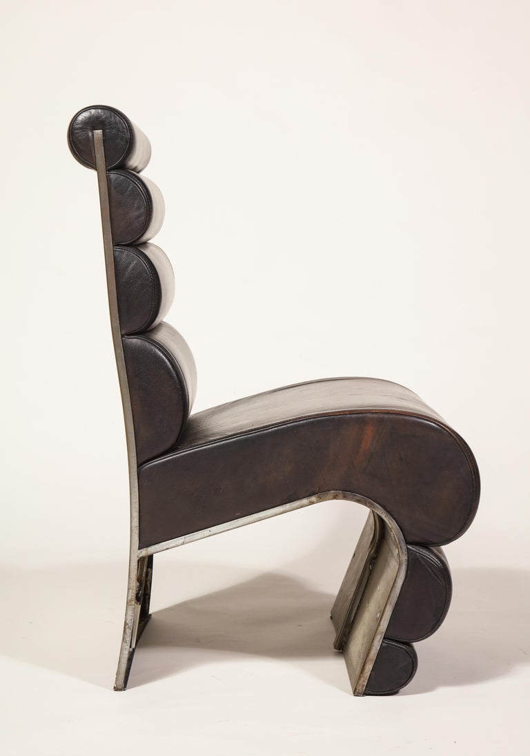 Postmodern Sculptural Steel and Leather French Pair of Chairs, 1980s
