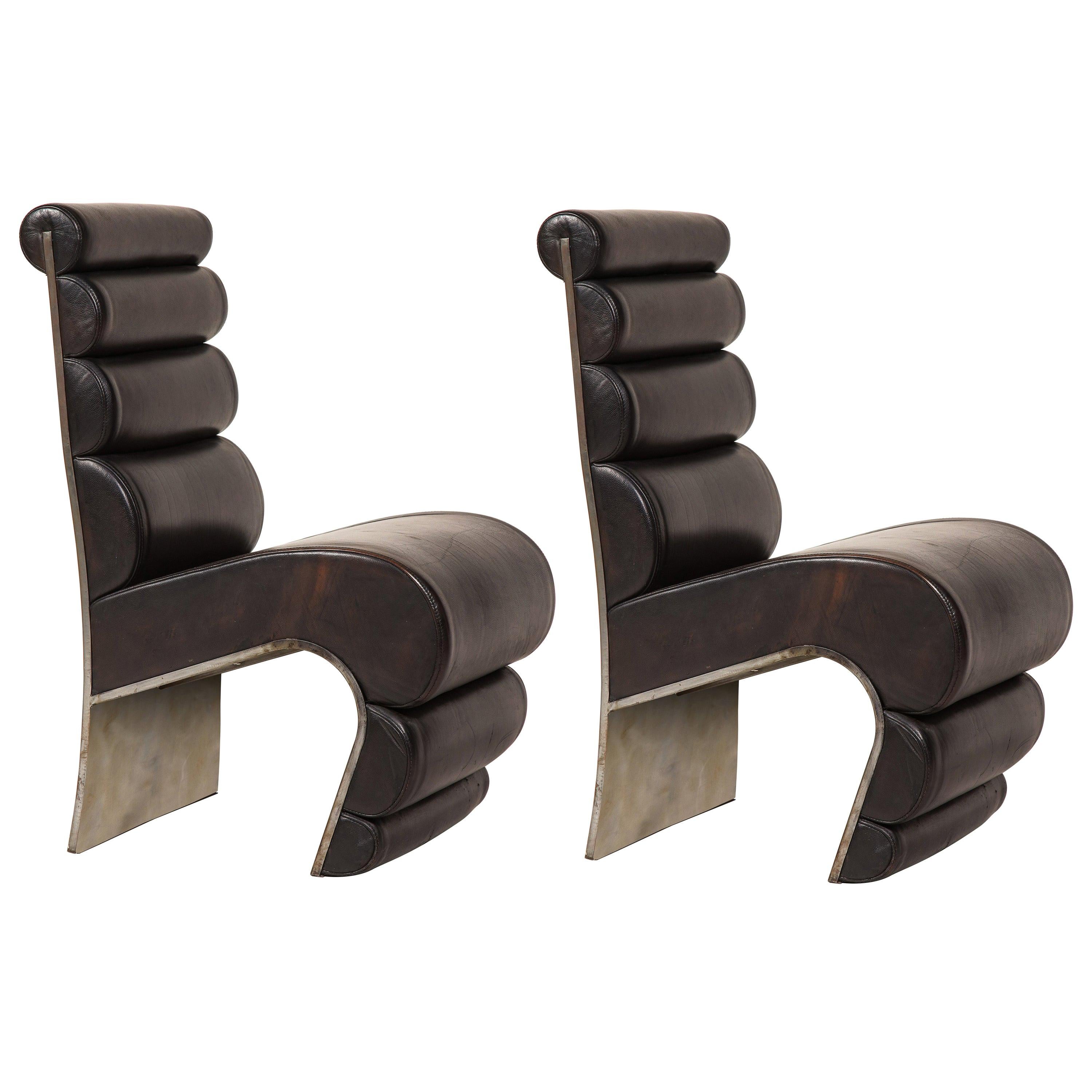 Sculptural steel brown leather French pair chairs, 1980s, France

These are very rare leather and steel chairs form France. From the Maria Pergay, Michel Boyer Era. The leather is in very good condition. These truly are unique. Sold as a pair.
 