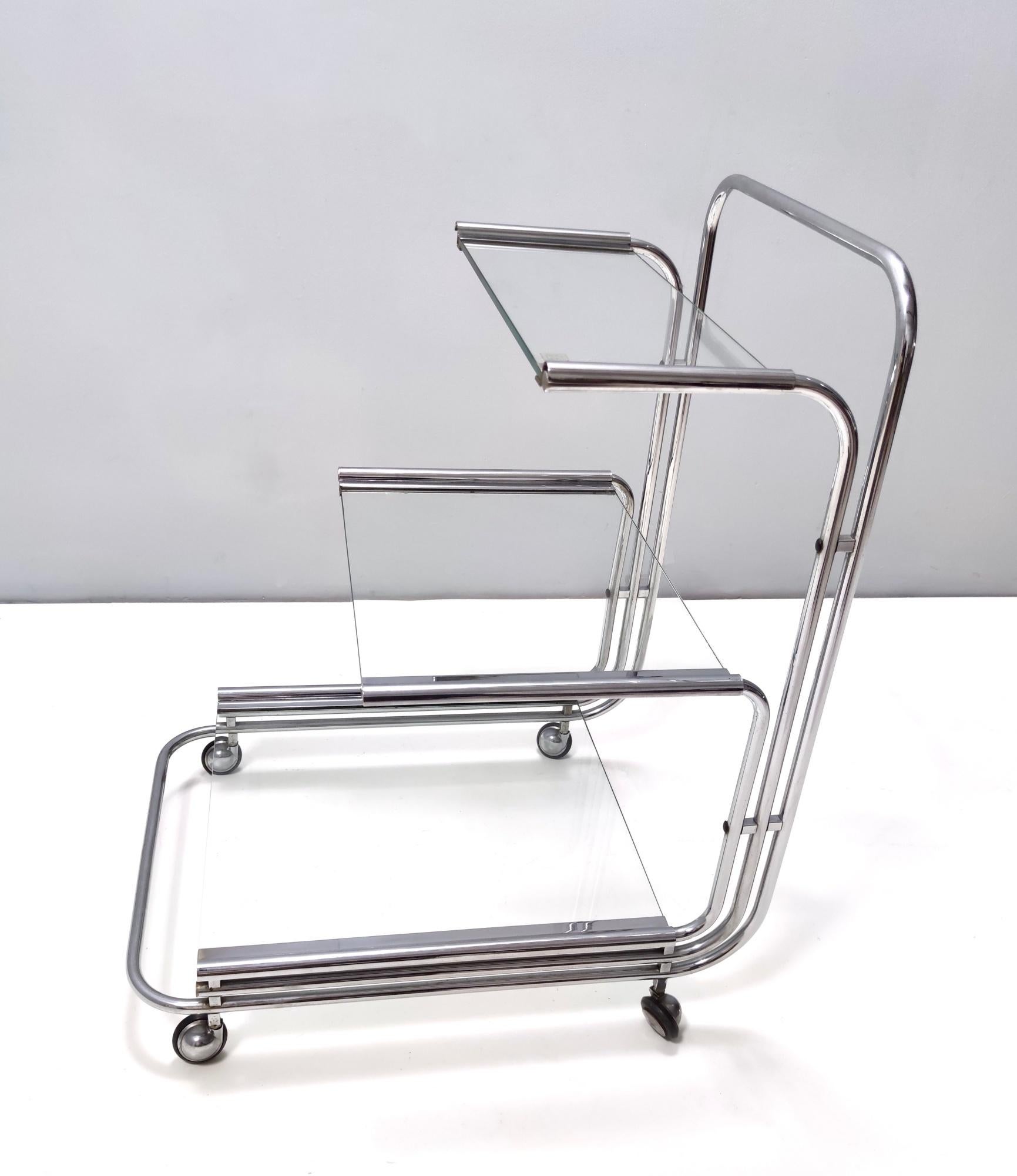 Italian Postmodern Serving Cart by Fontana Arte with Three Glass Shelves, Italy For Sale