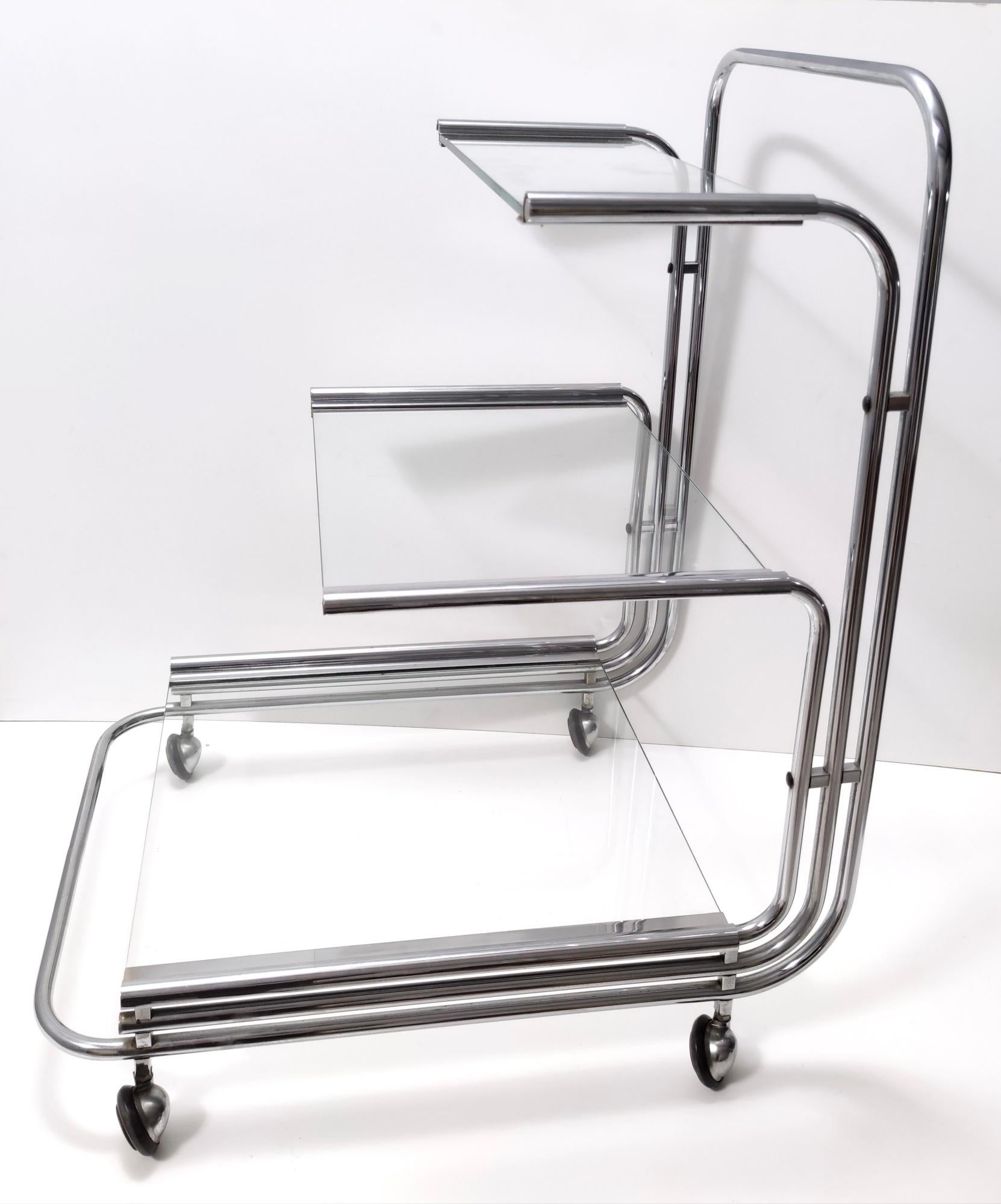Plated Postmodern Serving Cart by Fontana Arte with Three Glass Shelves, Italy For Sale
