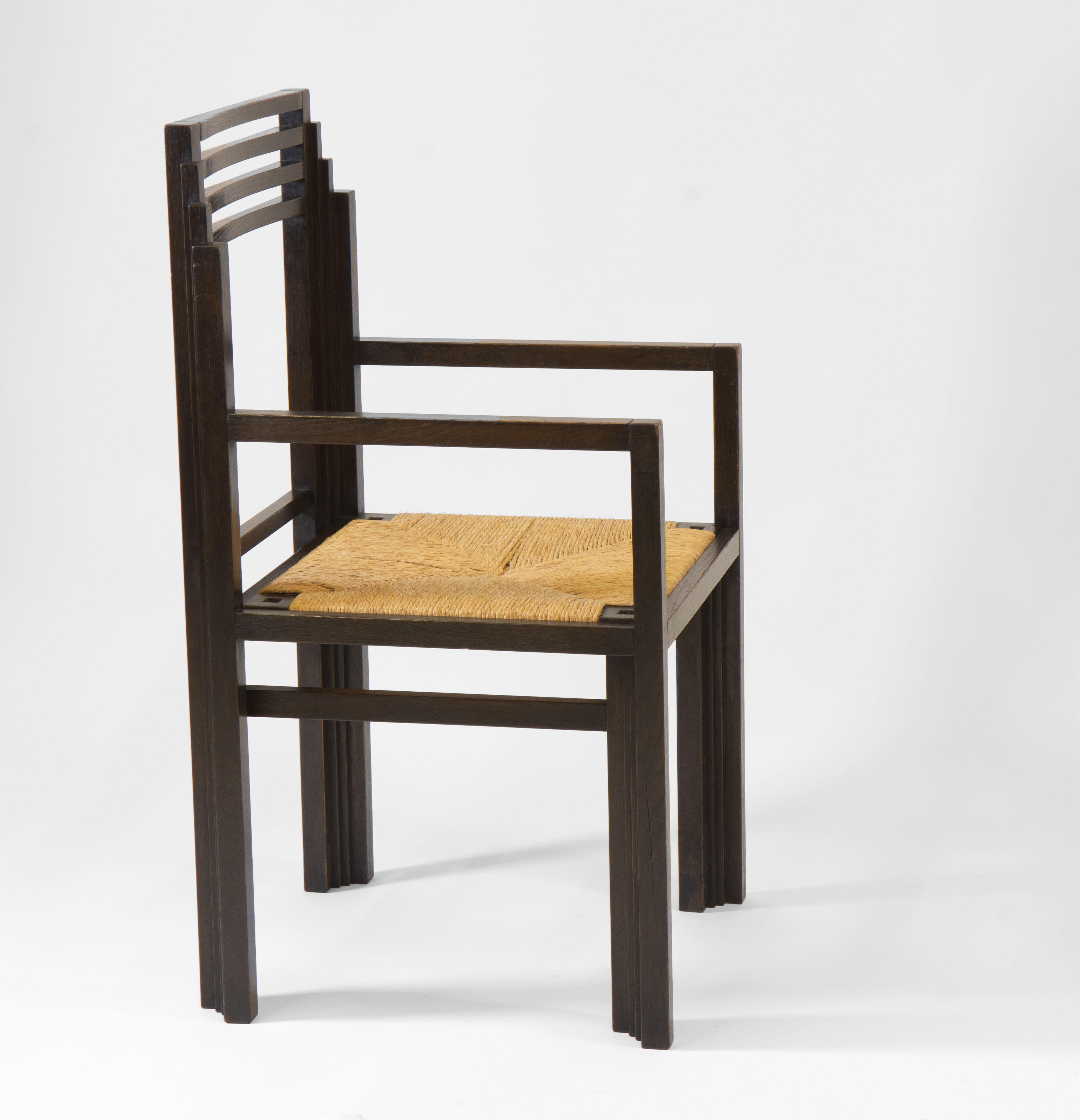 Superb and rare set of six Postmodern bridge dining chairs attributed to Hans Hollein (1934–2014) Austrian architect and designer. Circa 1986.

These fabulous chairs have a fabulous architectural skyscraper design to them. They are made in solid oak