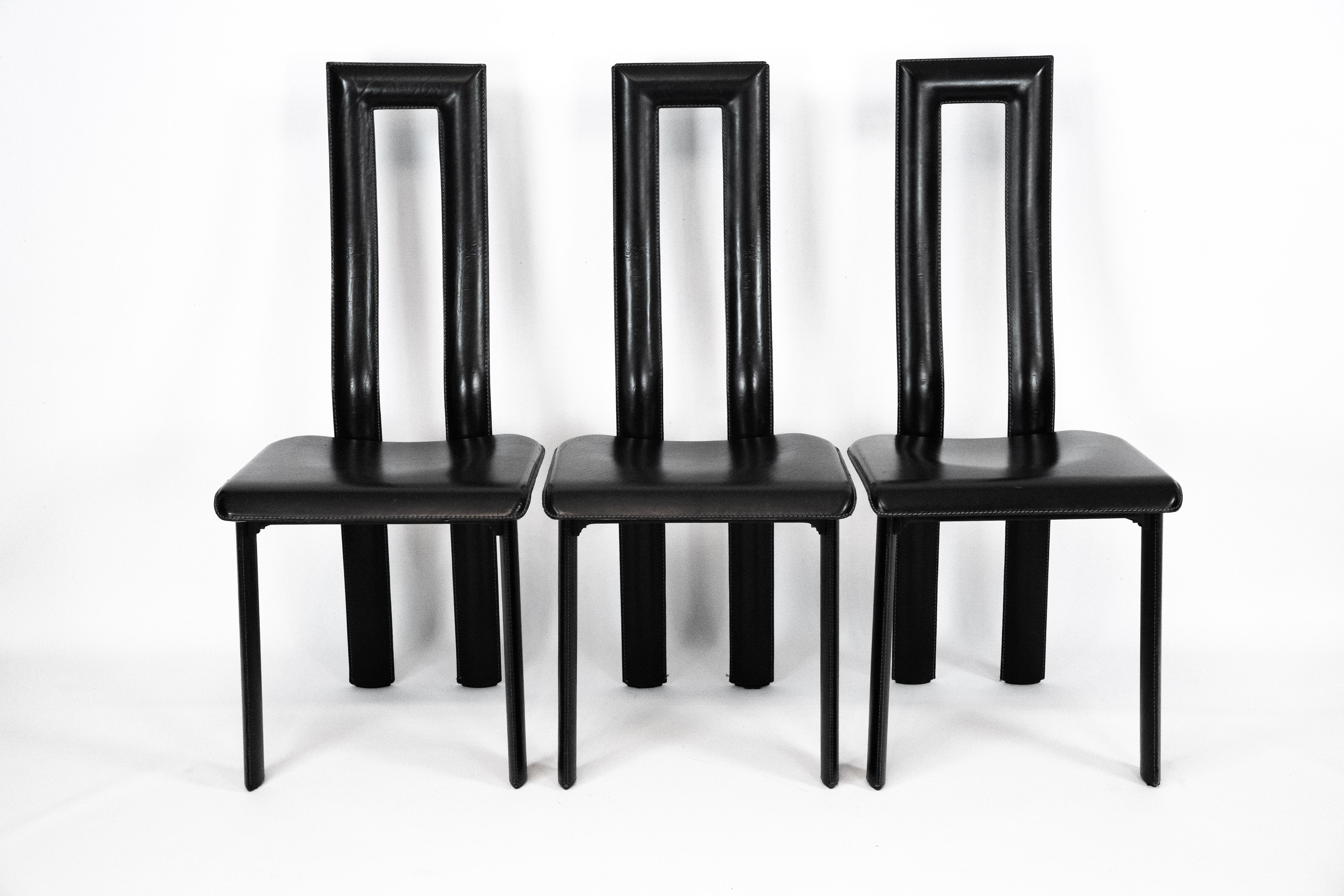 Ensemble postmoderne de dix chaises de salle à manger en cuir par Antonello Mosca pour Ycami. Italie en vente 1