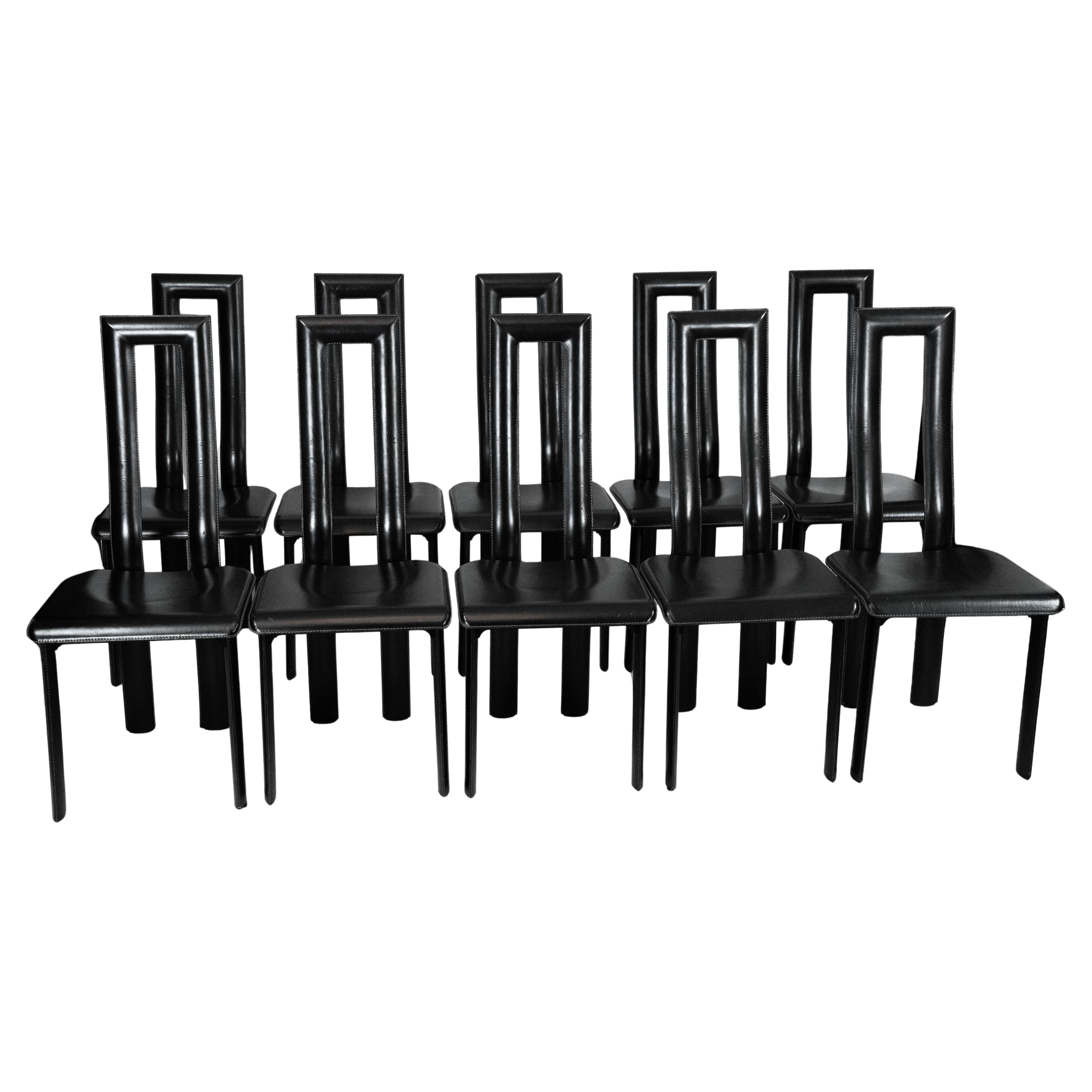 Set postmoderno di dieci sedie da pranzo in pelle di Antonello Mosca per Ycami. Italia