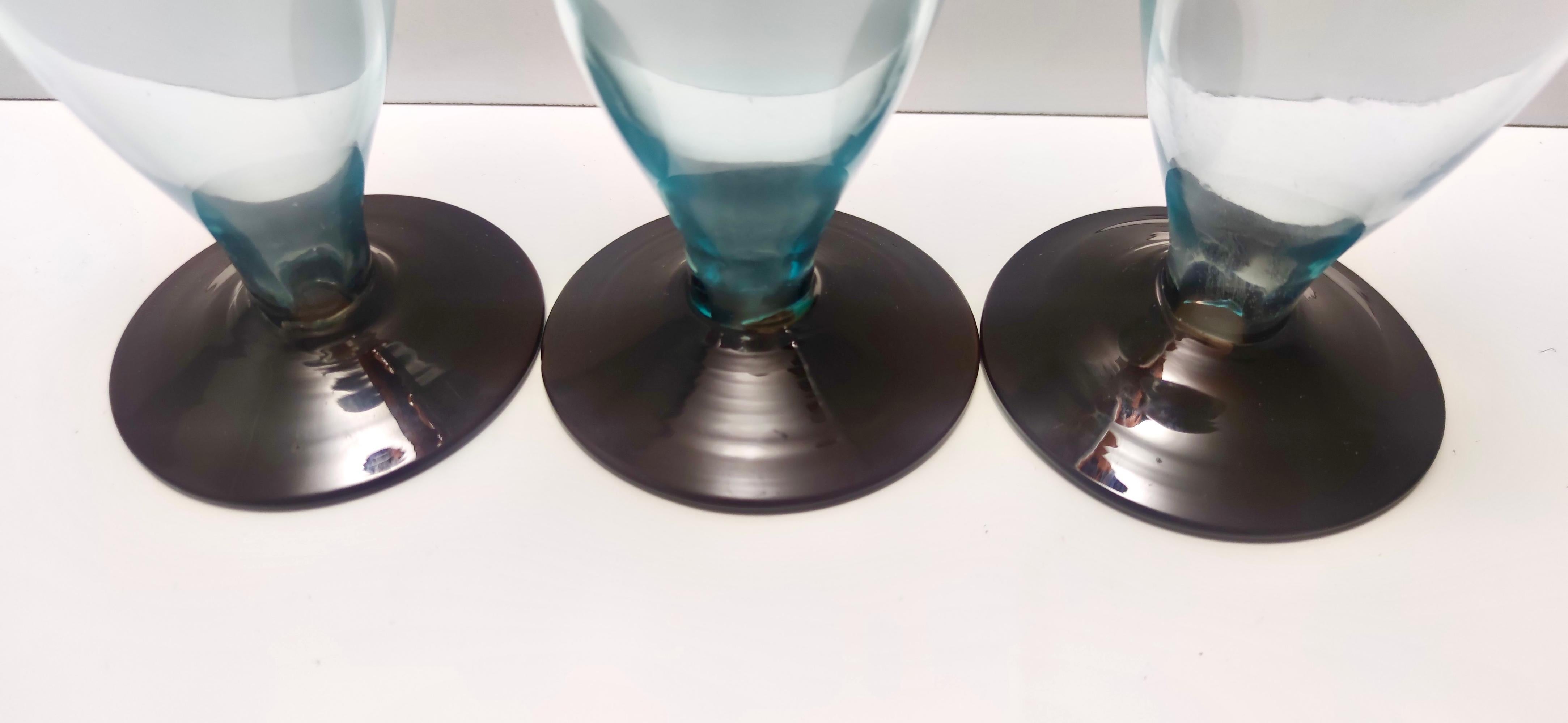 Postmodern Set of Three Aquamarine and Brown Murano Glass Candleholders, Italy For Sale 2