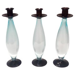 Postmodern Set of Three Aquamarine and Brown Murano Glass Candleholders, Italy