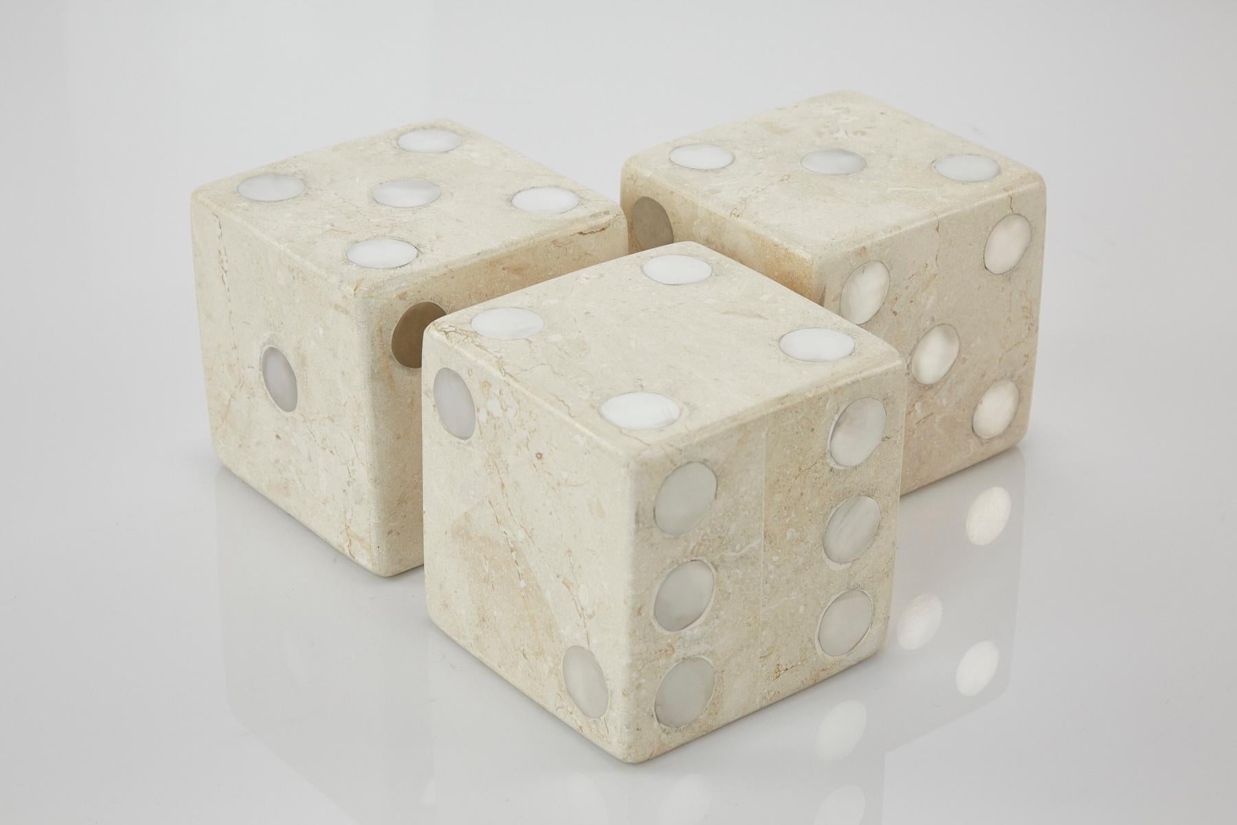 Postmodern Set of Three Oversized White Tessellated Stone Dice, 1990s (Intarsie)