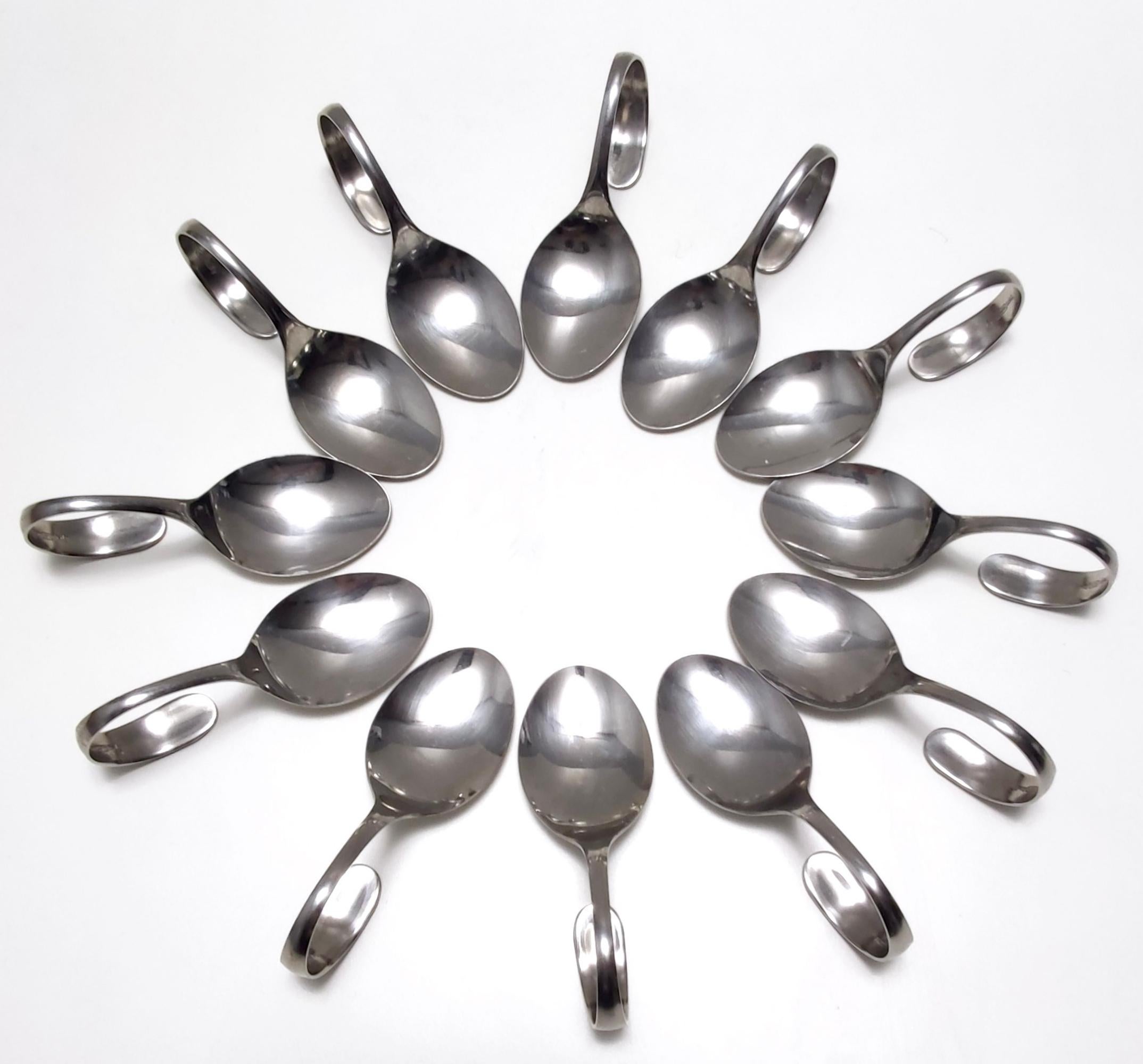 Post-Modern Postmodern Set of Twelve Steel Serving Spoon by Pinti, Italy, 1980s For Sale