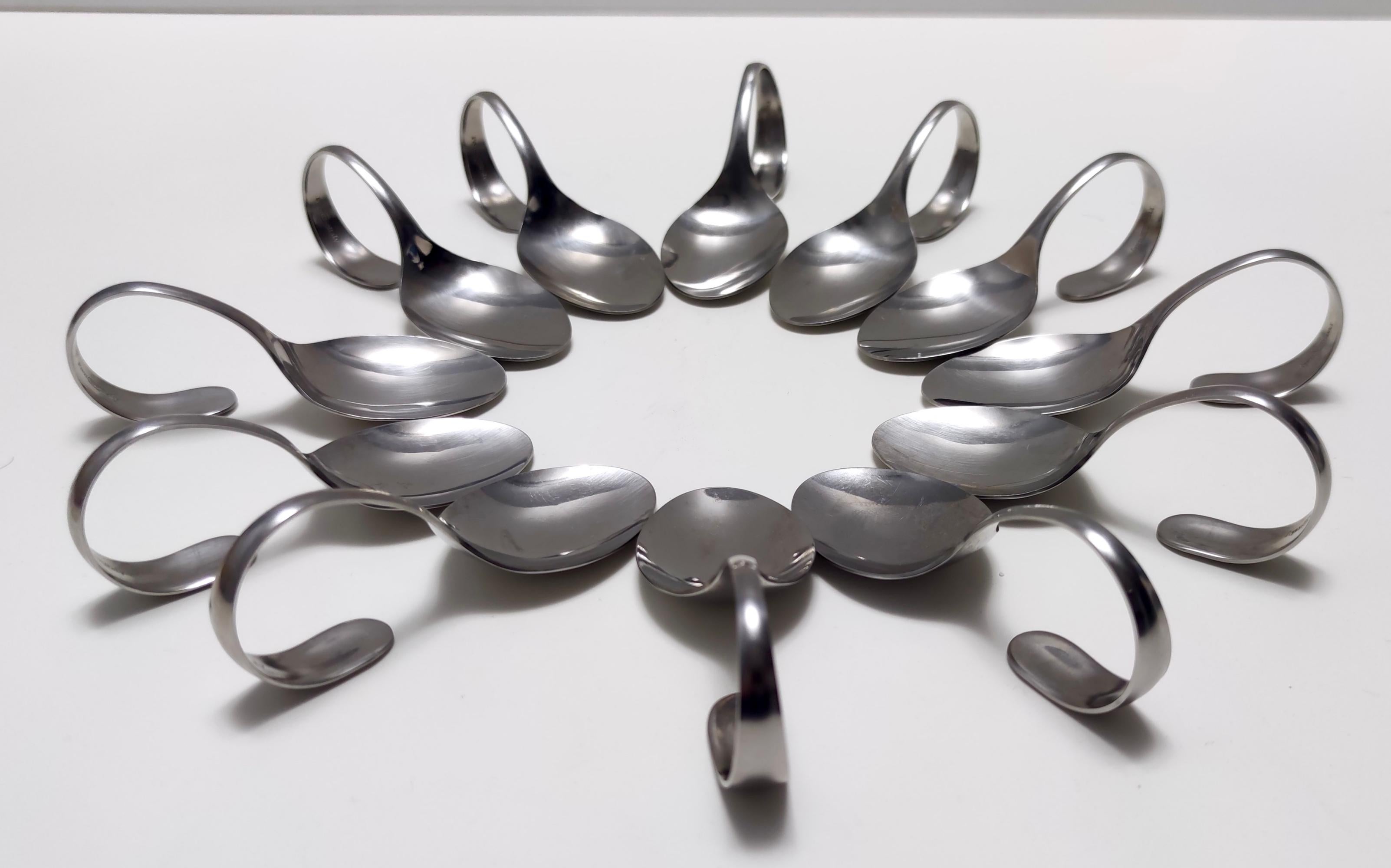 Italian Postmodern Set of Twelve Steel Serving Spoon by Pinti, Italy, 1980s For Sale