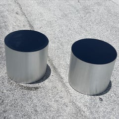 Postmodern Silver and Black Cylindrical Drum Side Tables, a Pair